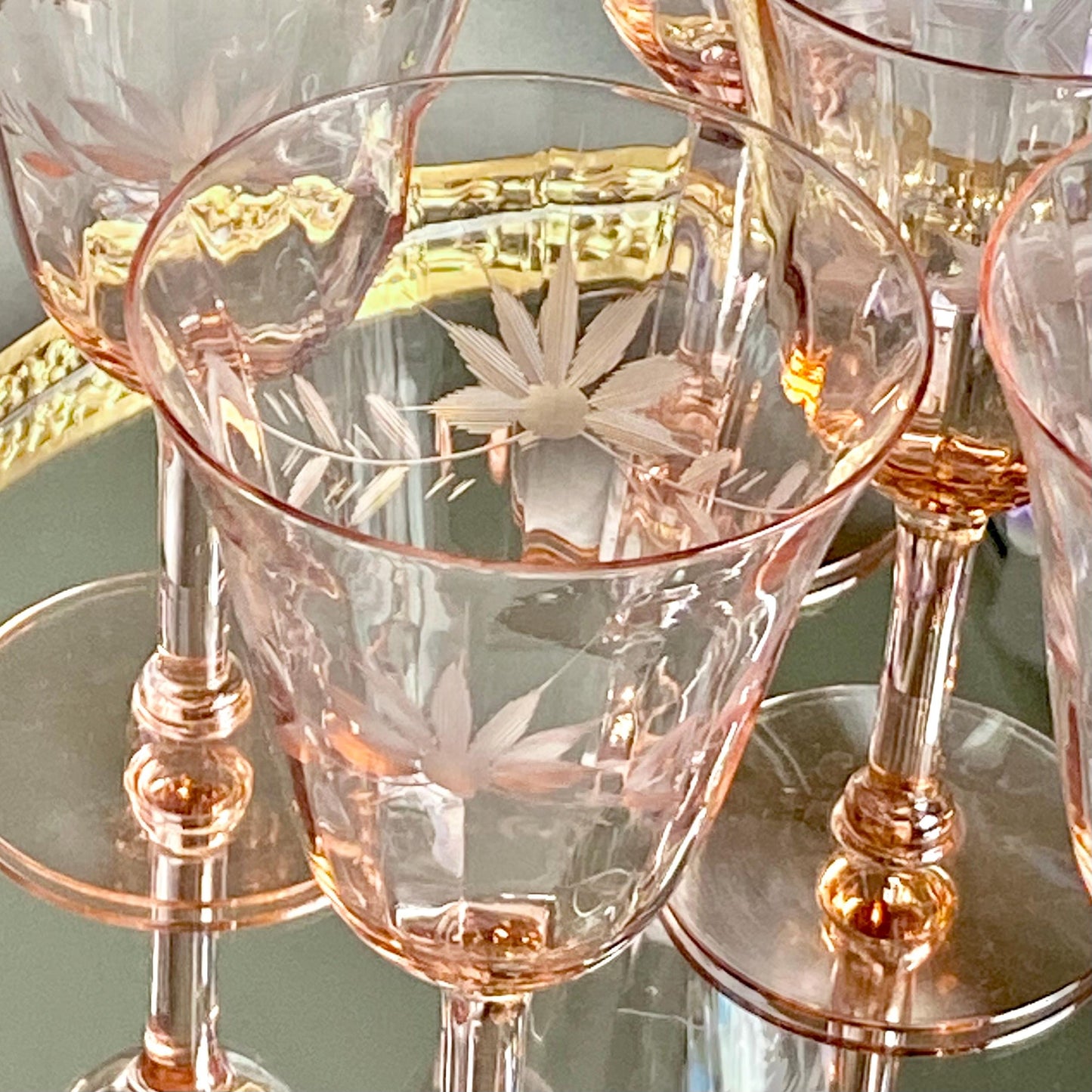 Vintage Pink Etched Optic Panel Glasses - Set of 7