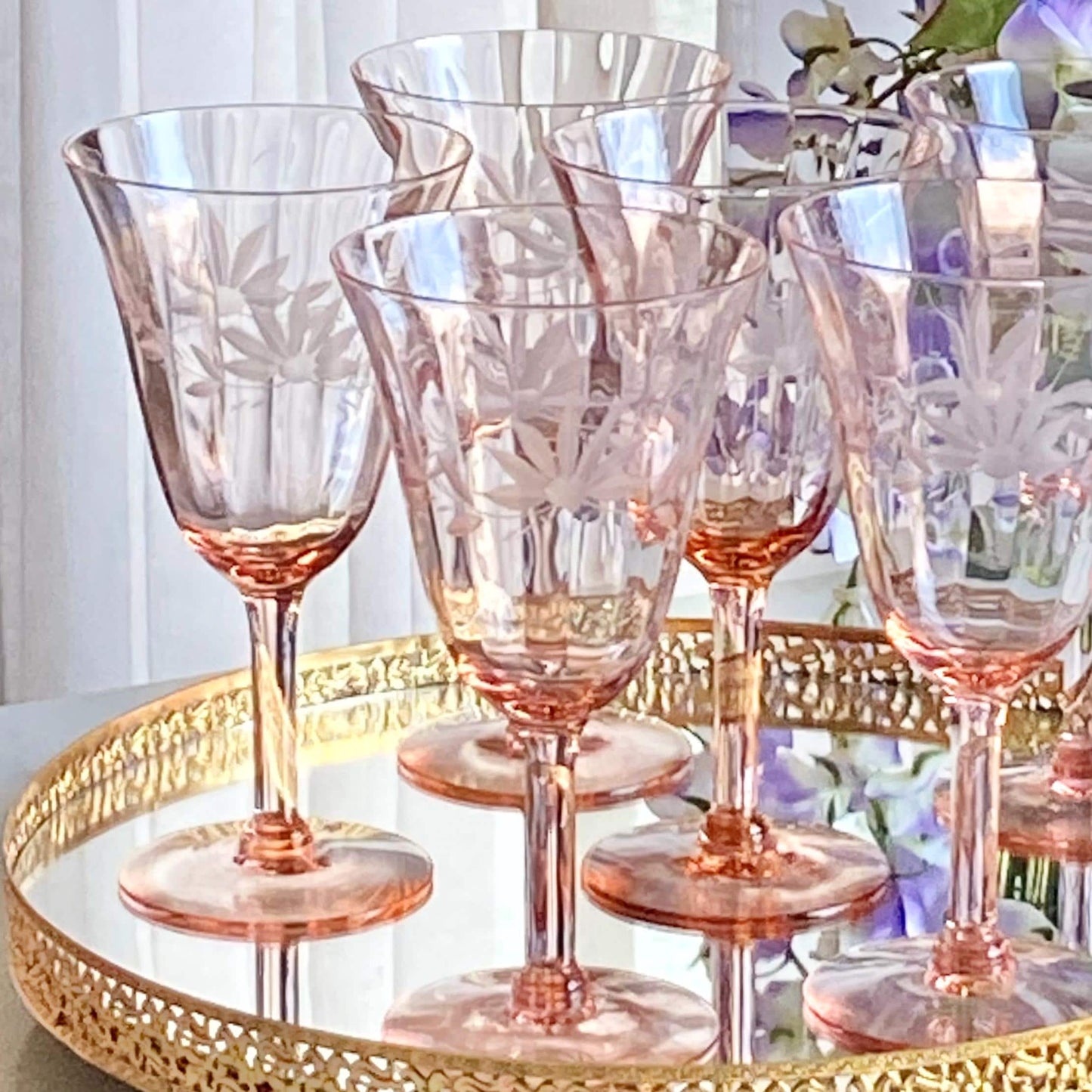 Vintage Pink Etched Optic Panel Glasses - Set of 7