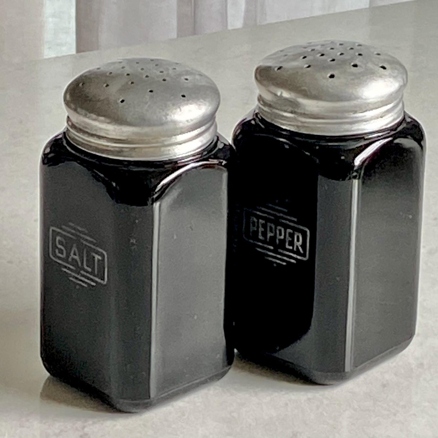 Vintage McKee Glass Black Boxed Text Salt and Pepper Shakers