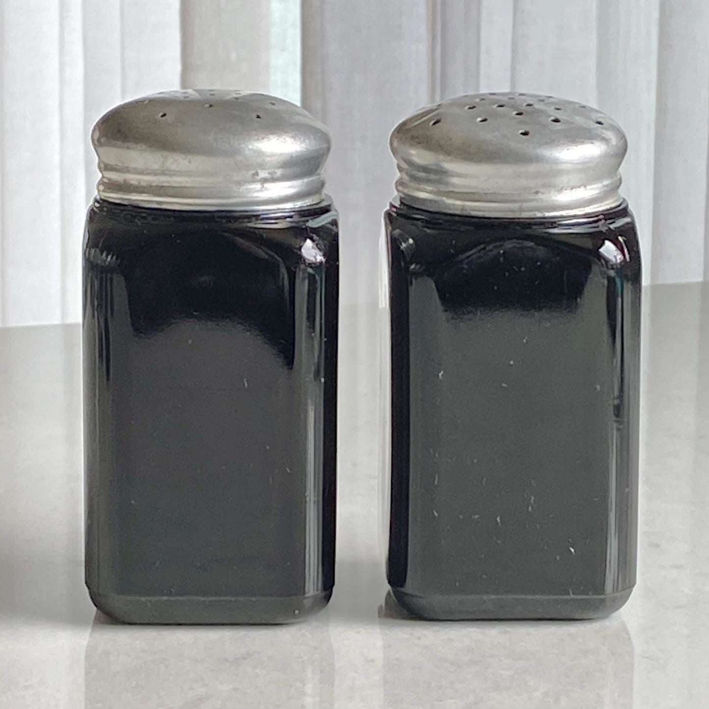 Vintage McKee Glass Black Boxed Text Salt and Pepper Shakers