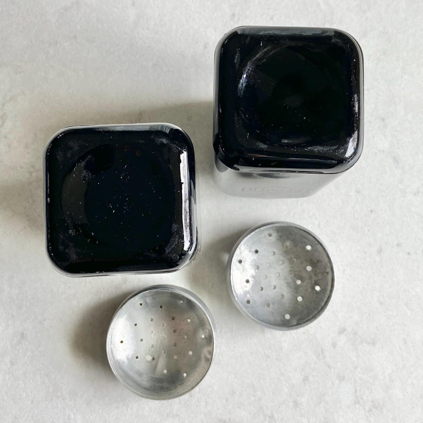 Vintage McKee Glass Black Boxed Text Salt and Pepper Shakers