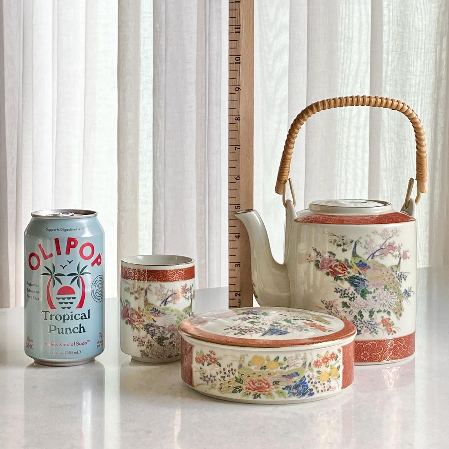 Vintage Satsuma Tea Set including Pot with lid, 4 Cups, and Tea Box with lid