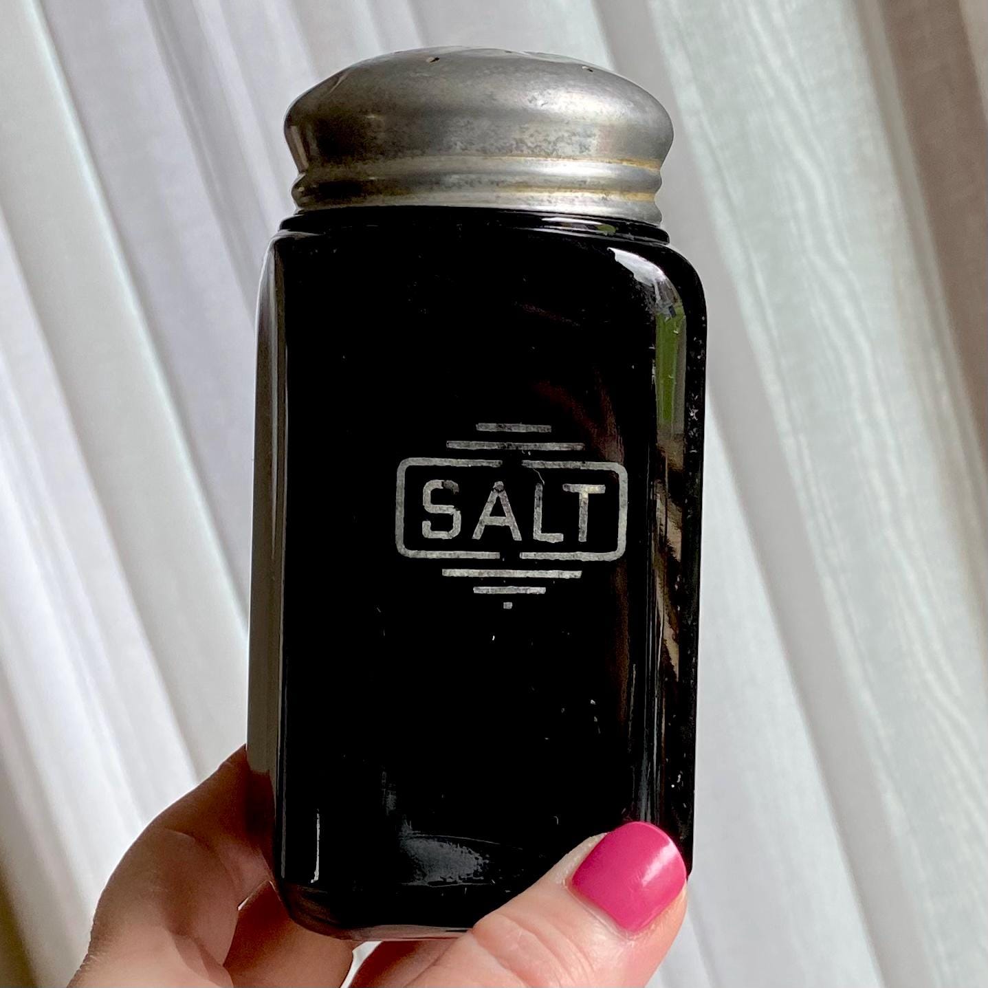 Vintage McKee Glass Black Boxed Text Salt and Pepper Shakers