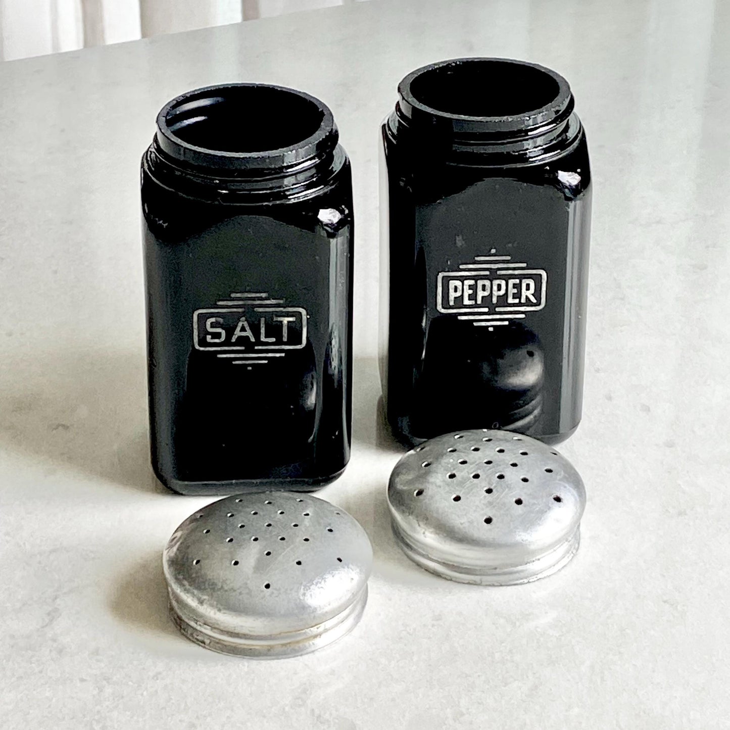 Vintage McKee Glass Black Boxed Text Salt and Pepper Shakers