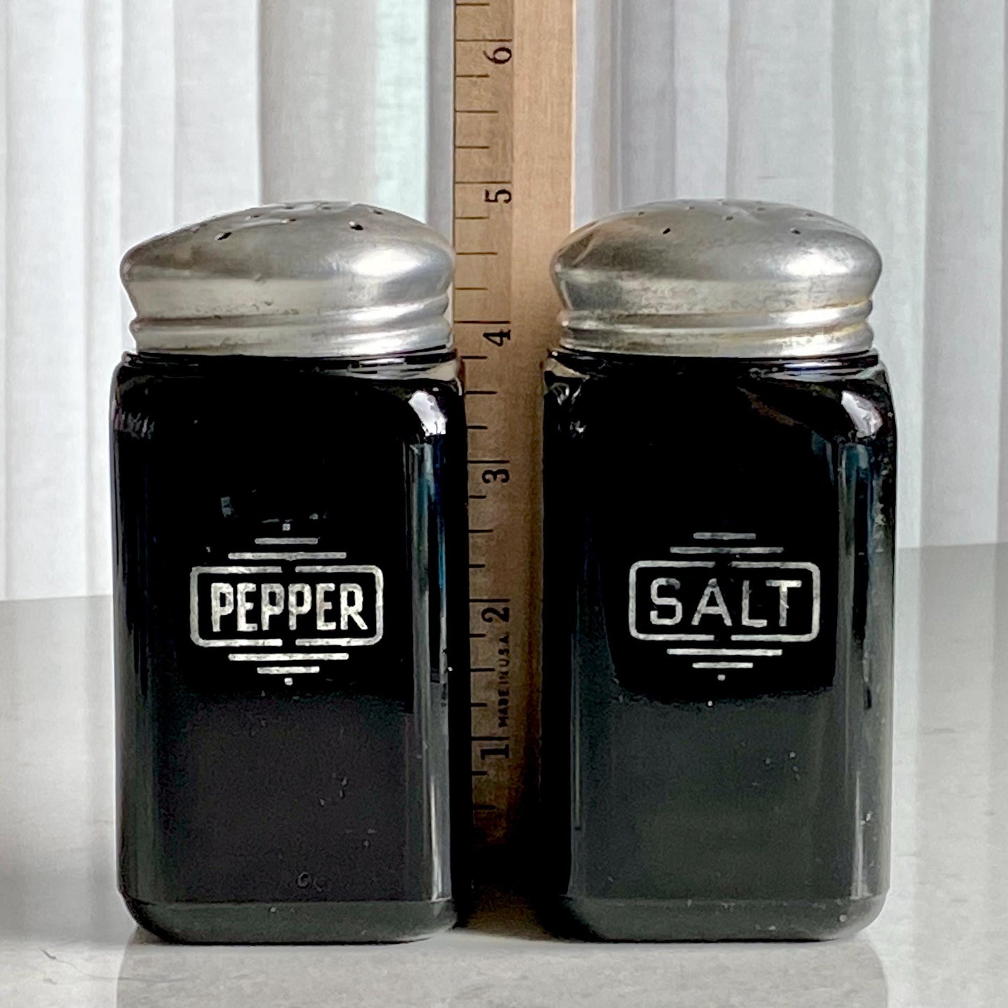 Vintage McKee Glass Black Boxed Text Salt and Pepper Shakers