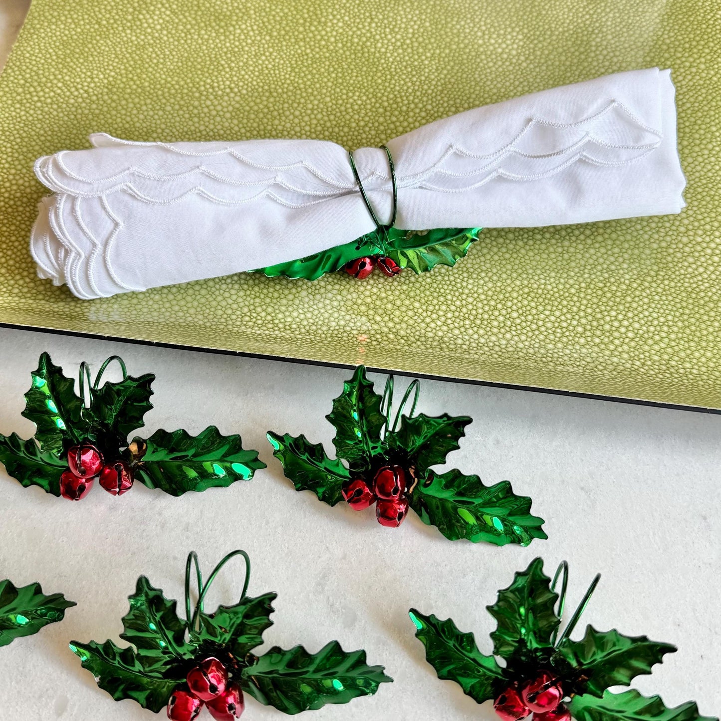 Vintage Holly Bell Berry Napkin Rings - Set of 8