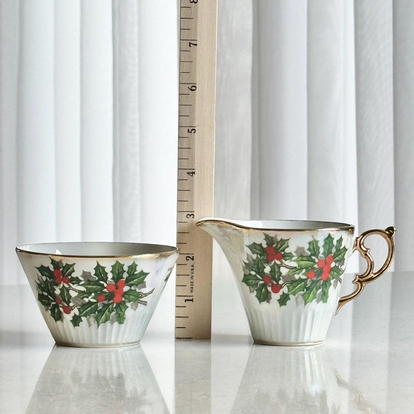 Vintage Ucagco Lusterware Creamer and Open Sugar Set (December / Holly from the Flower of the Month Club)