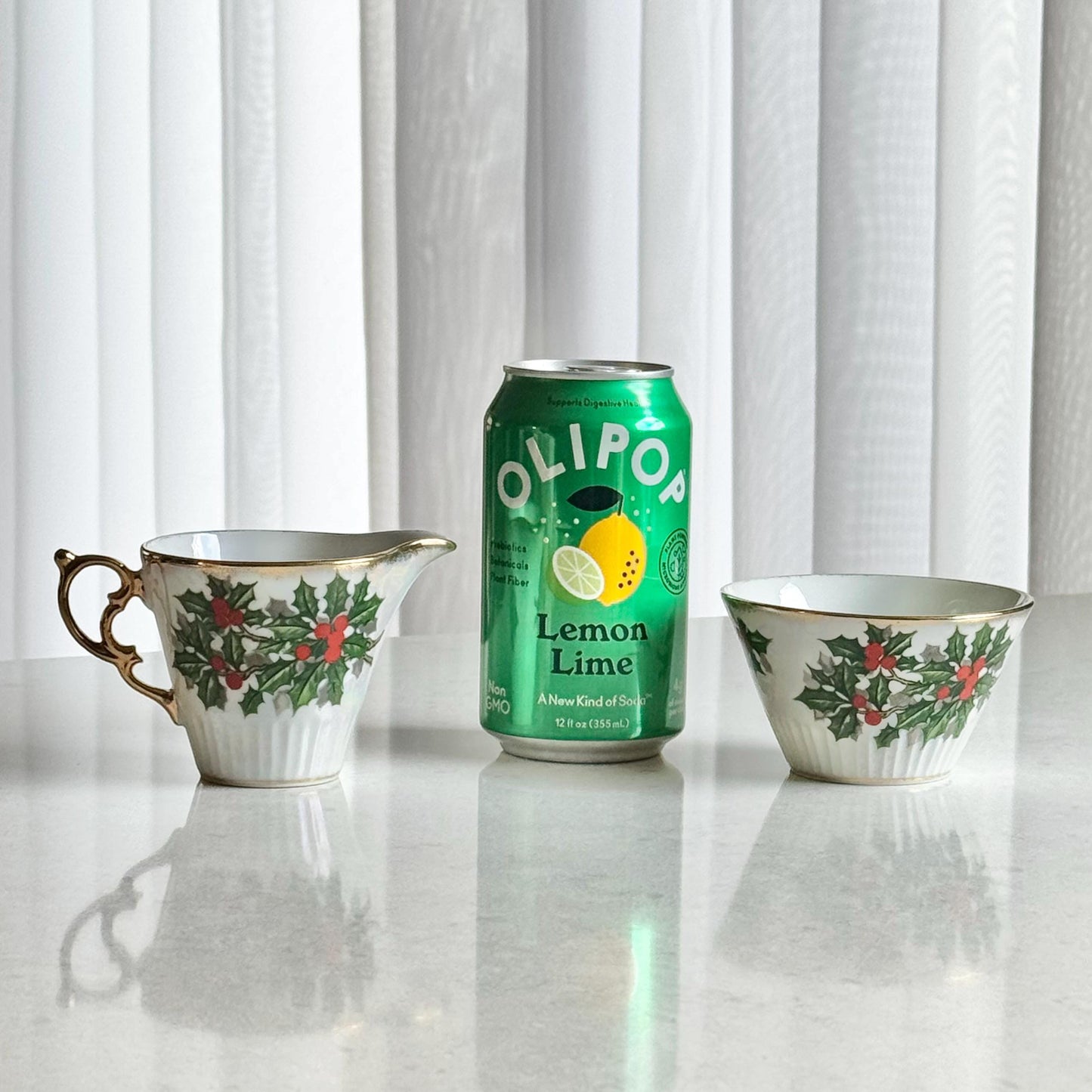 Vintage Ucagco Lusterware Creamer and Open Sugar Set (December / Holly from the Flower of the Month Club)