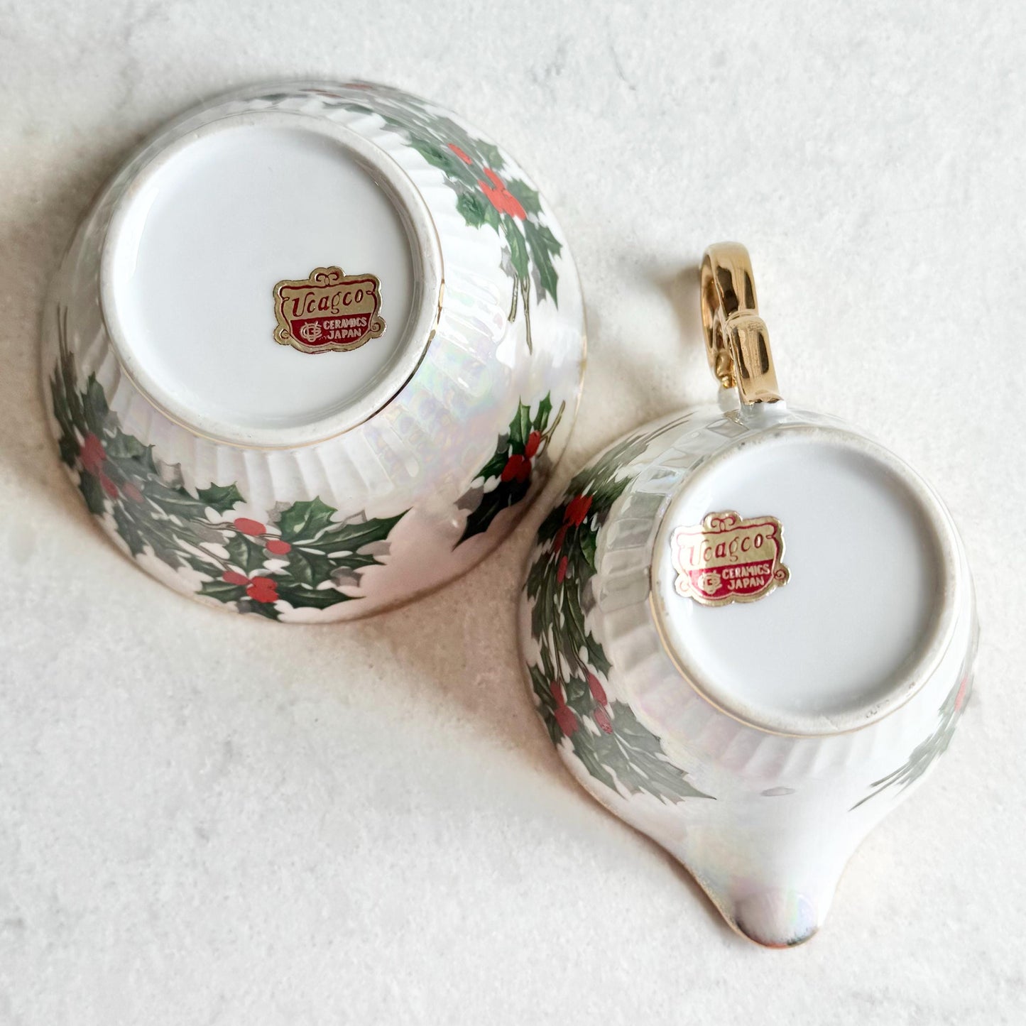 Vintage Ucagco Lusterware Creamer and Open Sugar Set (December / Holly from the Flower of the Month Club)