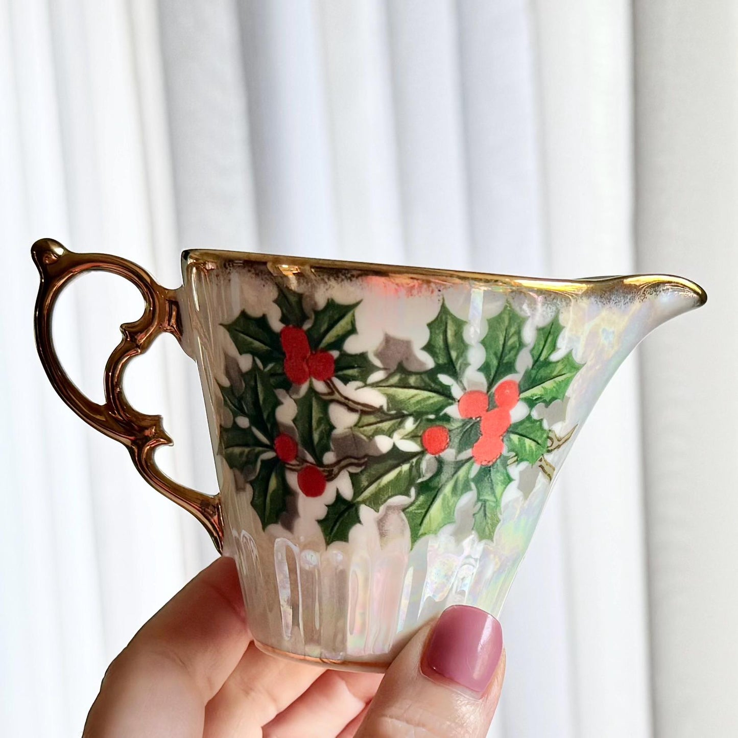 Vintage Ucagco Lusterware Creamer and Open Sugar Set (December / Holly from the Flower of the Month Club)