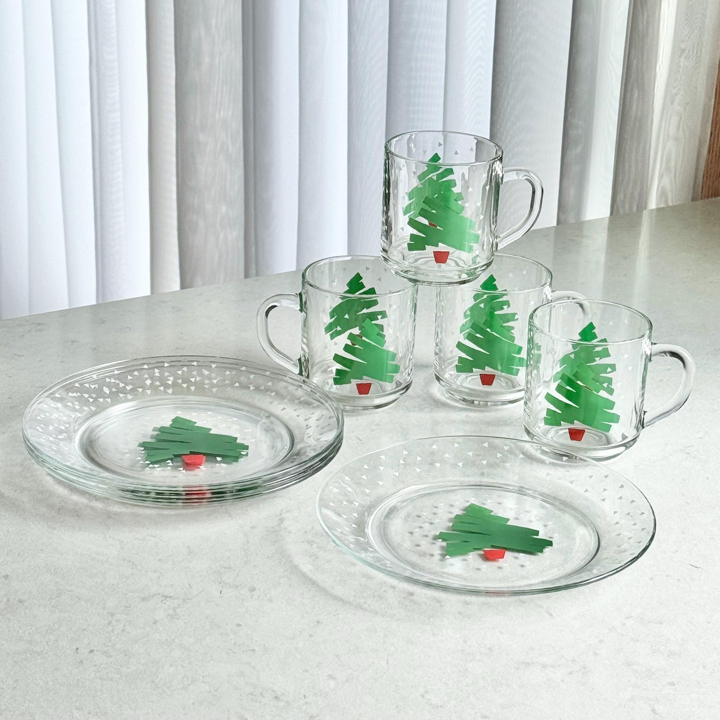 Vintage Dayton Hudson Christmas Tree Plates and Cups - 4 sets, 8 pieces total