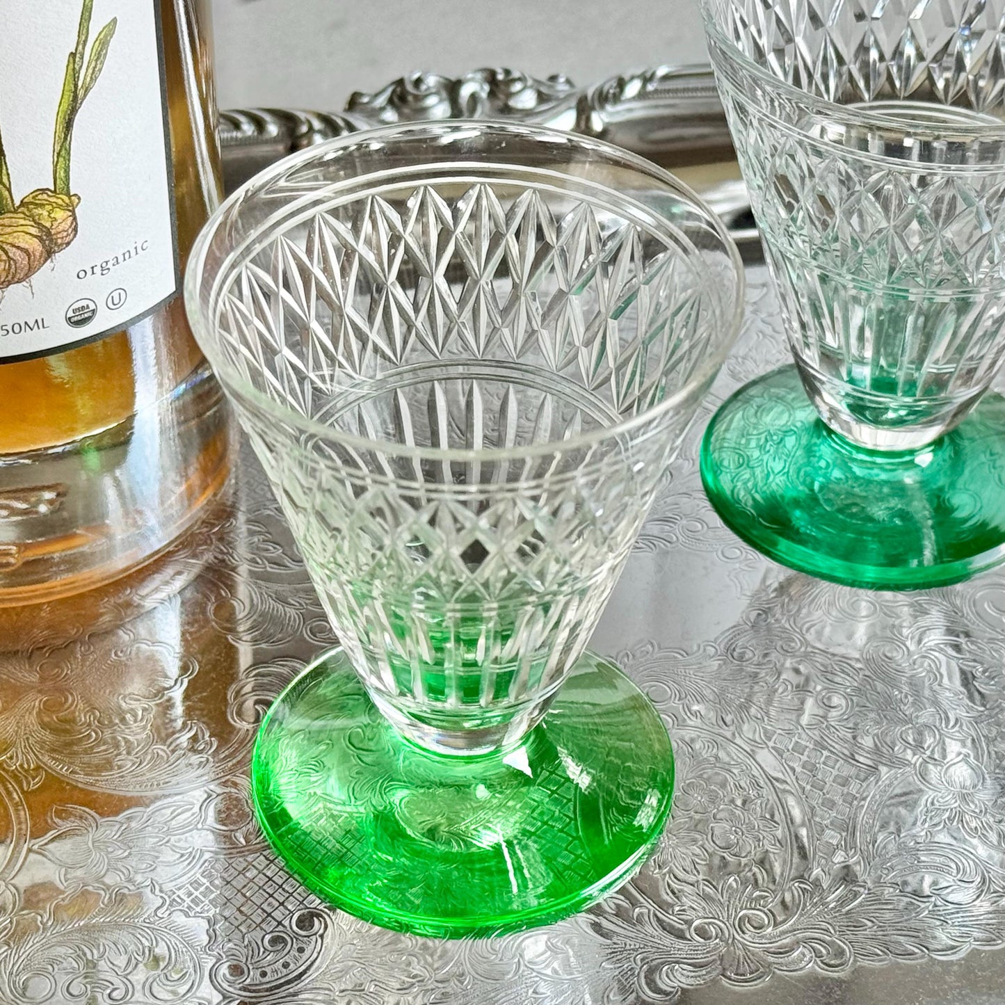 Vintage Green Uranium Footed Glasses - Set of 2
