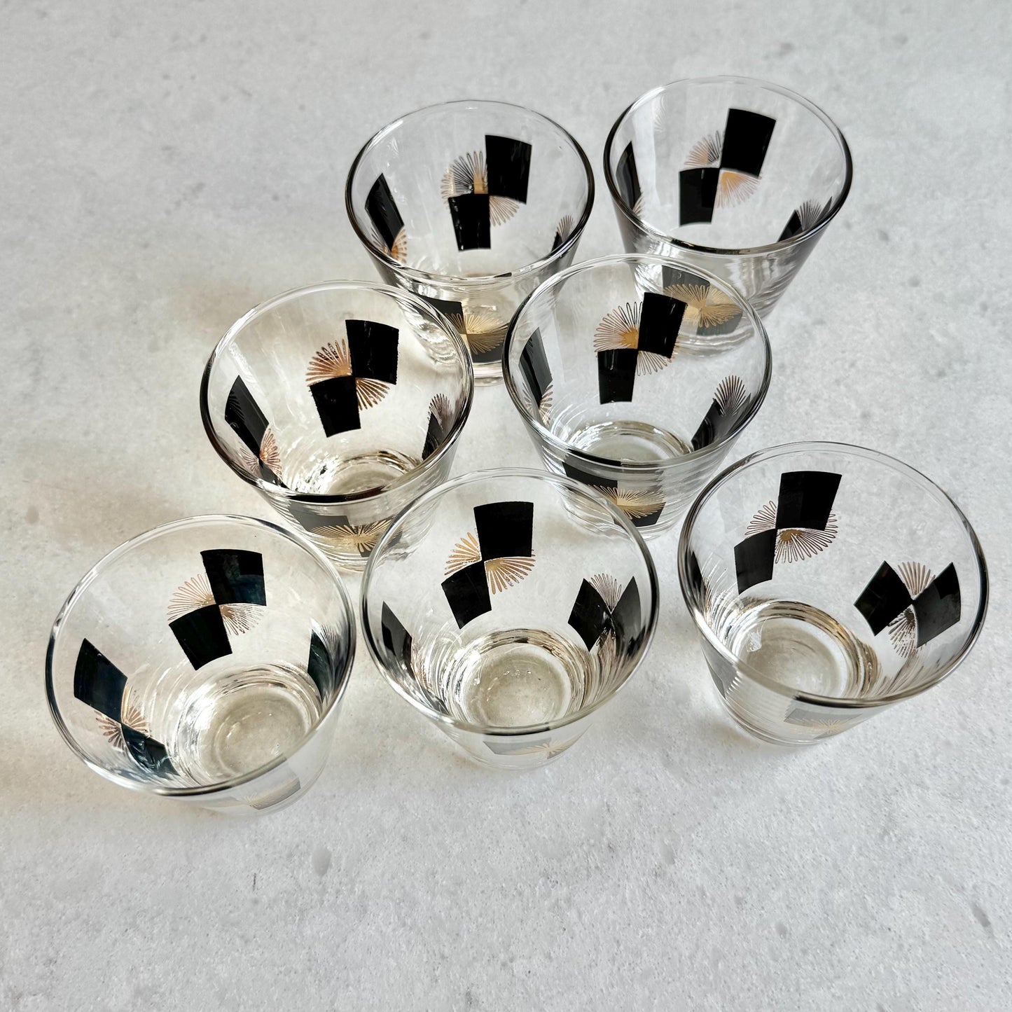 Vintage Anchor Hocking Black and Gold Atomic Starburst Tumblers - Set of 7