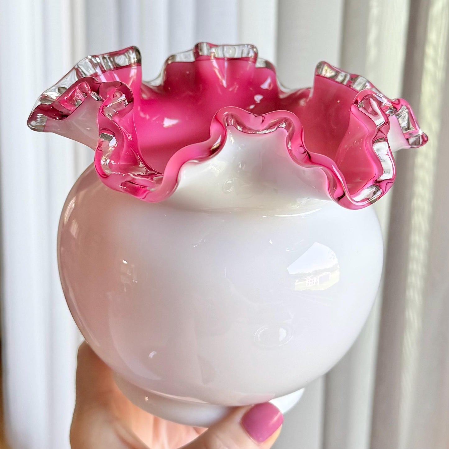 Vintage Fenton Silver Crest Rose Pink Ruffled Vase