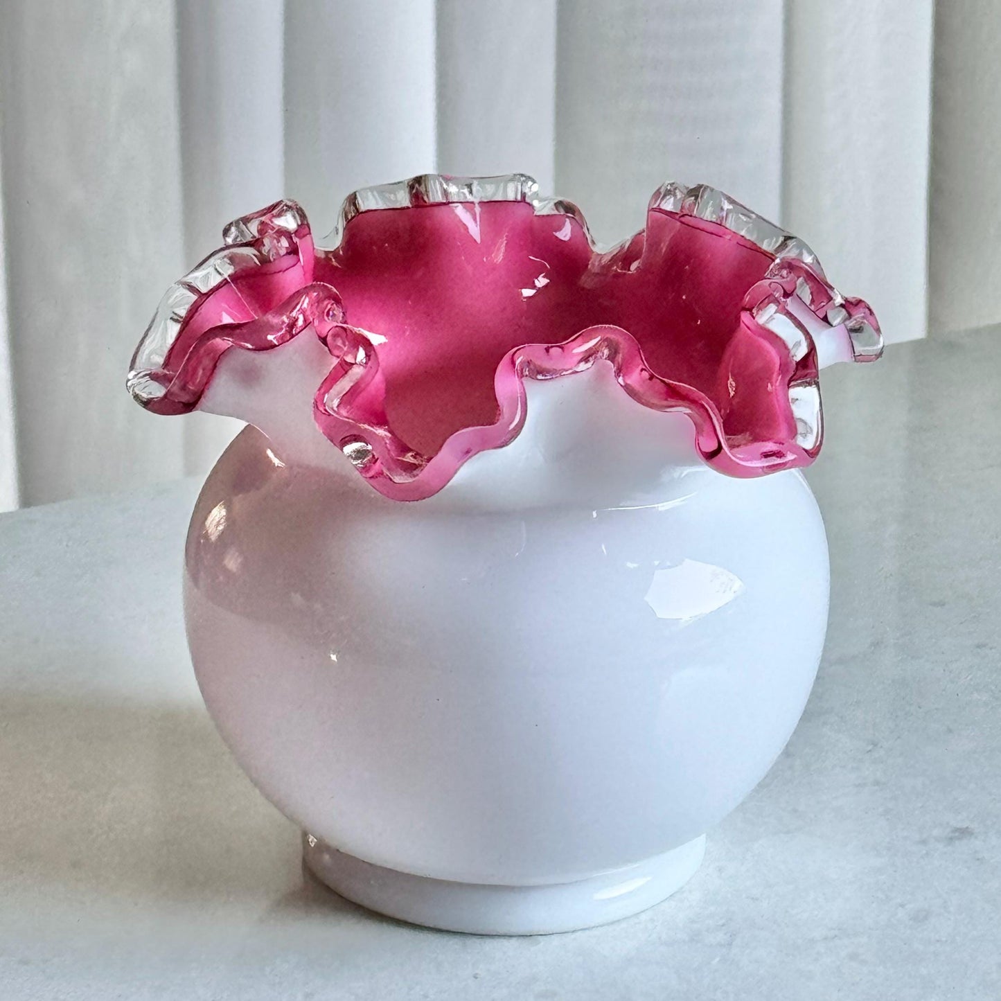 Vintage Fenton Silver Crest Rose Pink Ruffled Vase