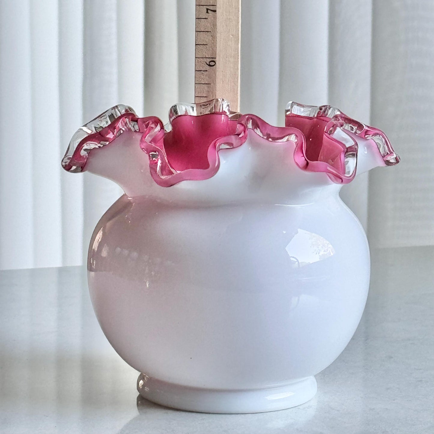 Vintage Fenton Silver Crest Rose Pink Ruffled Vase