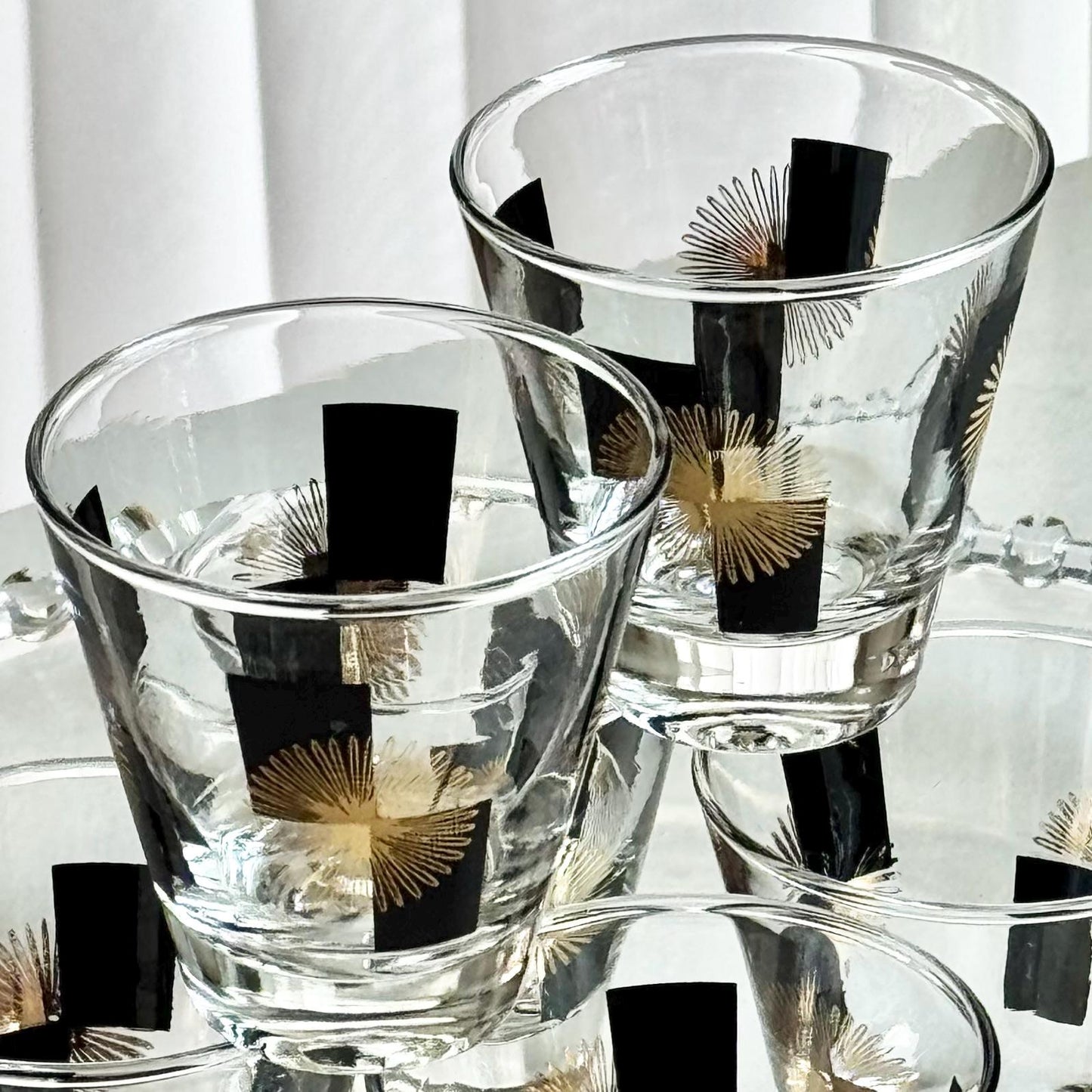 Vintage Anchor Hocking Black and Gold Atomic Starburst Tumblers - Set of 7