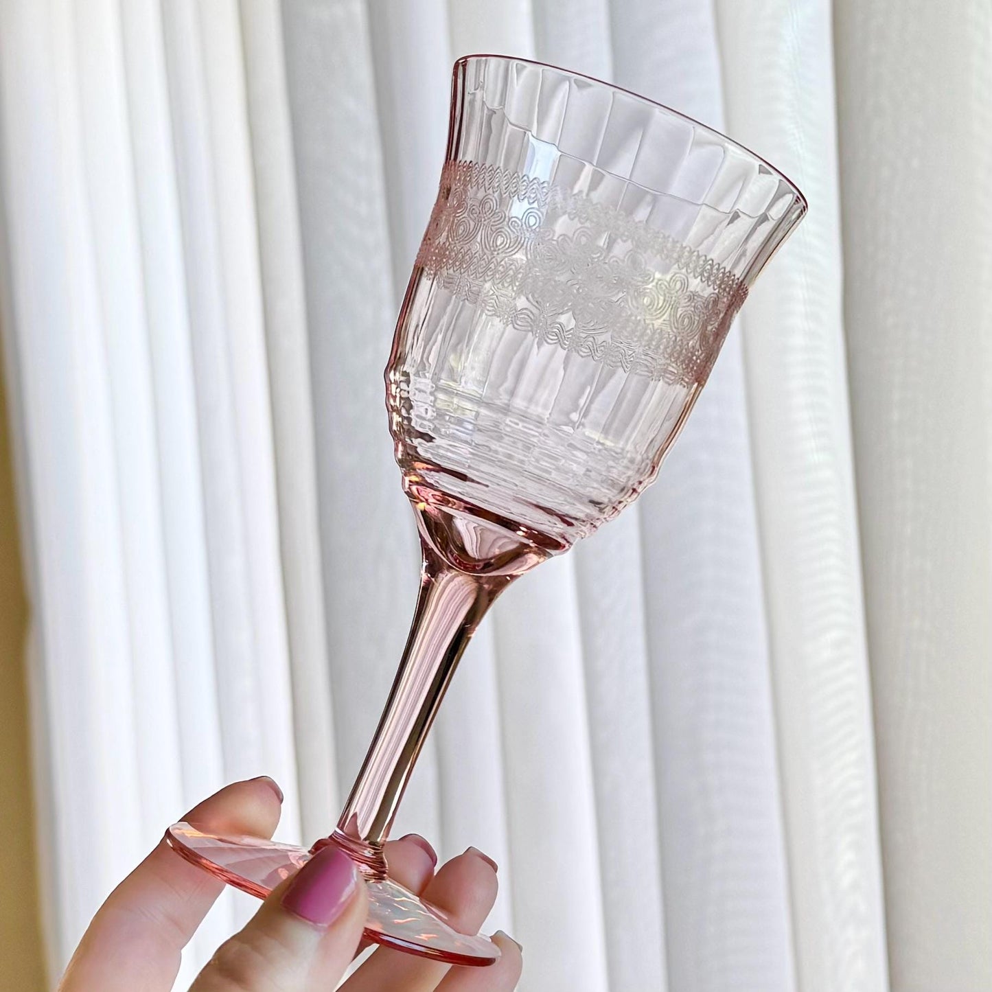 Vintage Pink Needle Etched Optic Panel Glasses - Set of 6