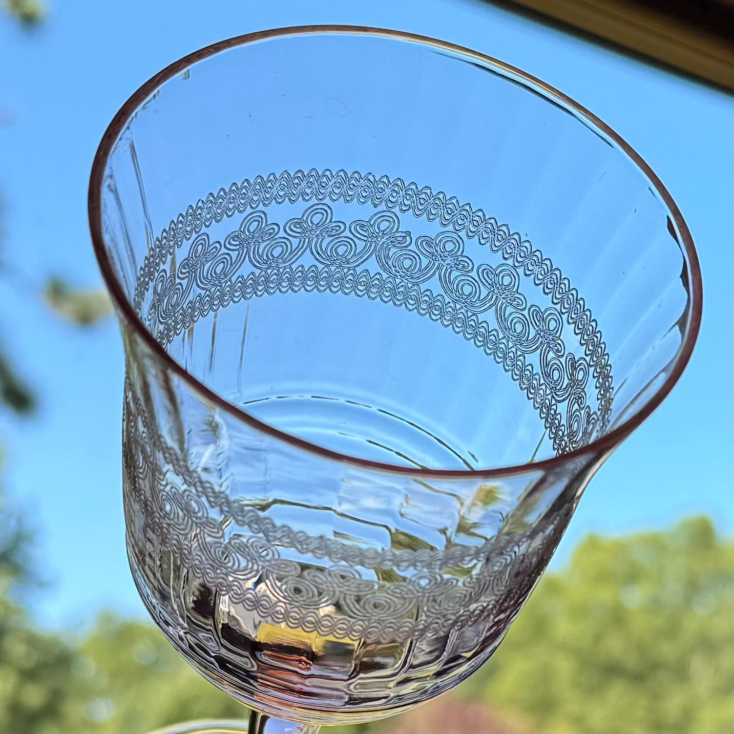 Vintage Pink Needle Etched Optic Panel Glasses - Set of 6