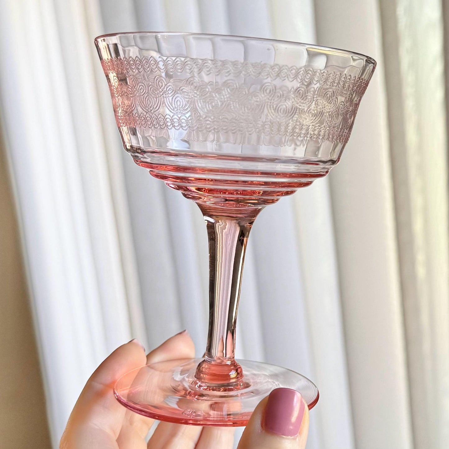 Vintage Pink Needle Etched Optic Panel Glasses - Set of 4