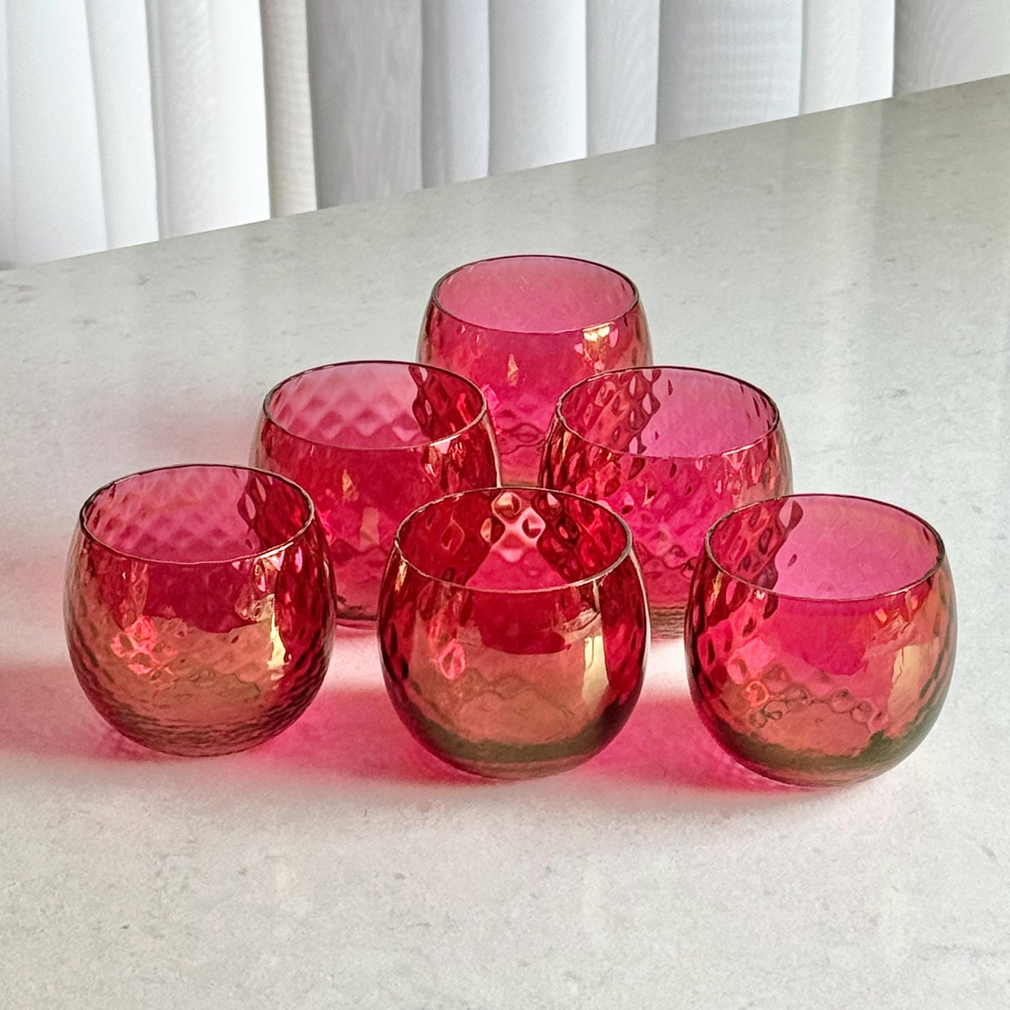 Vintage Cranberry Diamond Optic Carafe and 6 Glasses