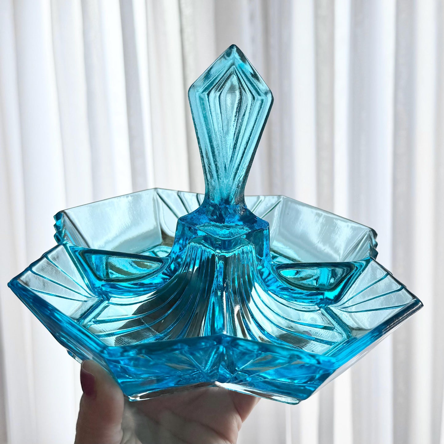 Vintage Indiana Glass Pyramid Blue Four-Part Relish Dish with Center Handle (circa 1974 - 1975)