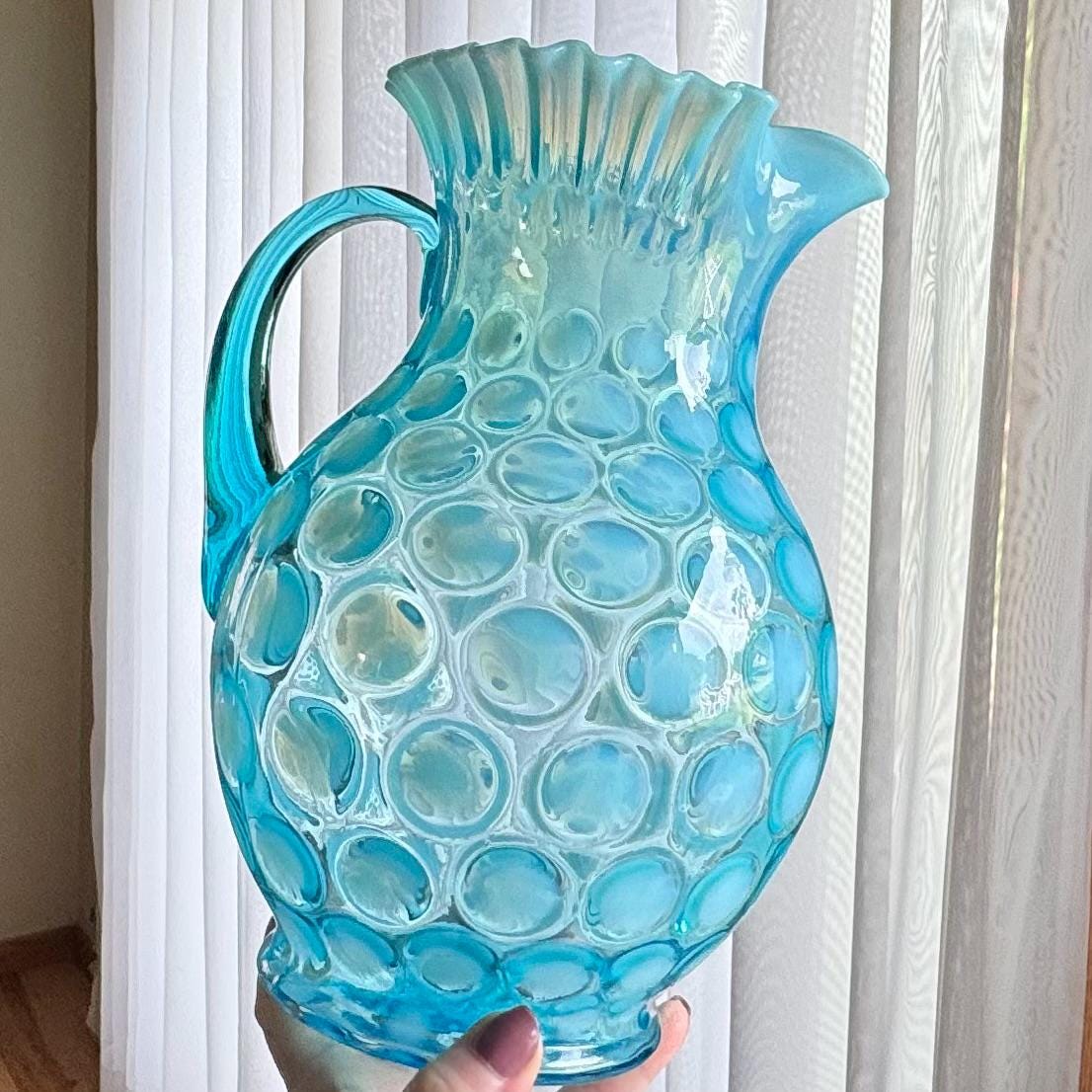 Vintage Fenton Blue Opalescent Large 9-3/4 Inch Coin Dot Pitcher