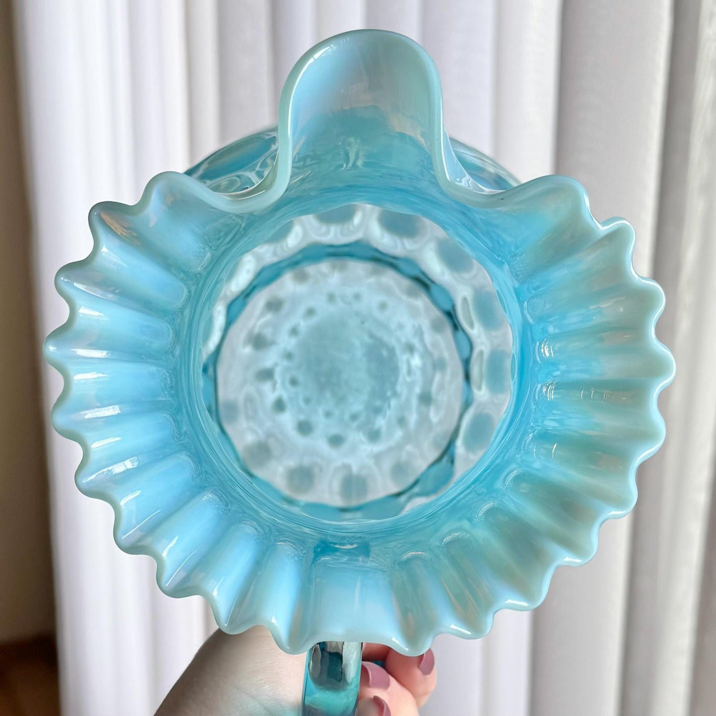 Vintage Fenton Blue Opalescent Large 9-3/4 Inch Coin Dot Pitcher