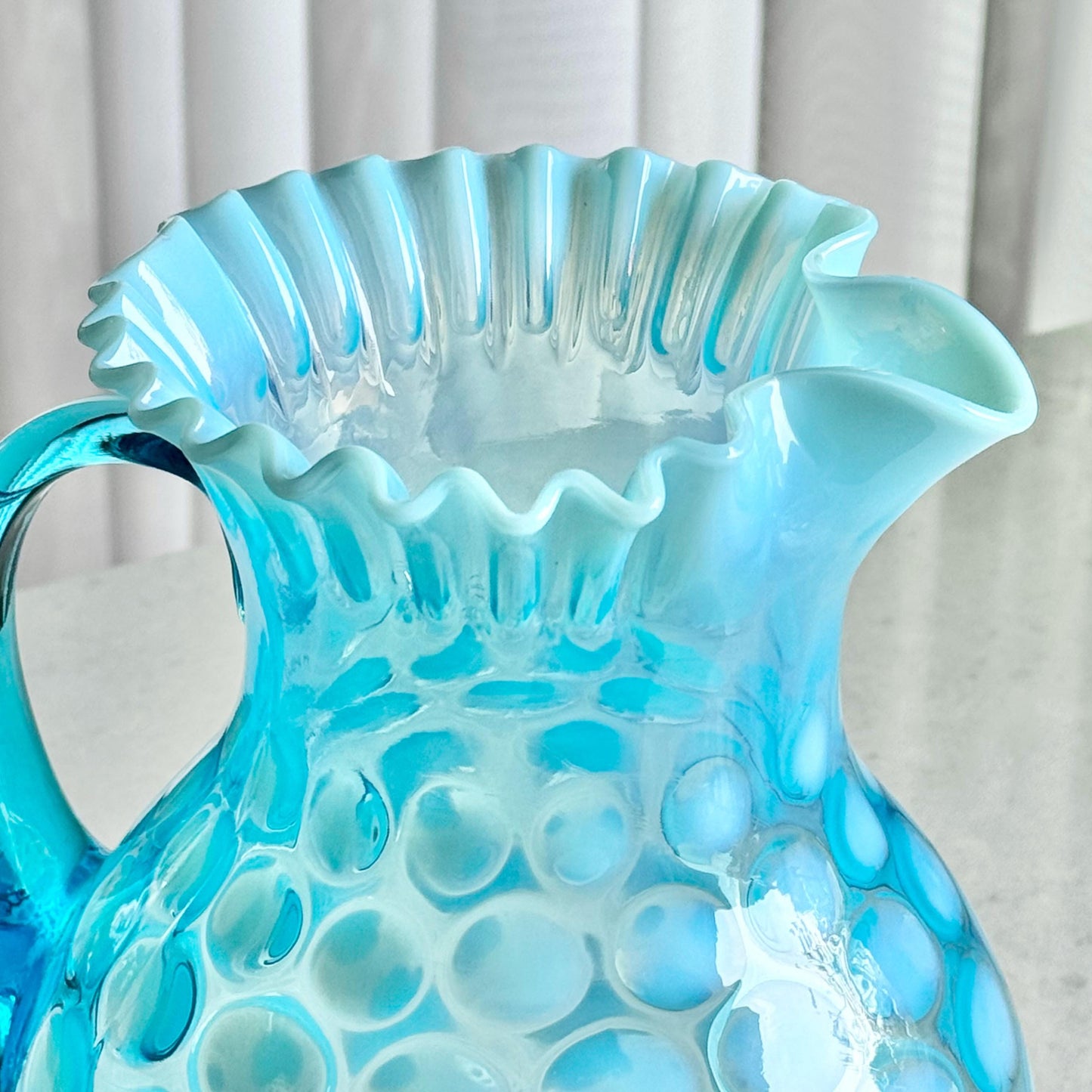 Vintage Fenton Blue Opalescent Large 9-3/4 Inch Coin Dot Pitcher