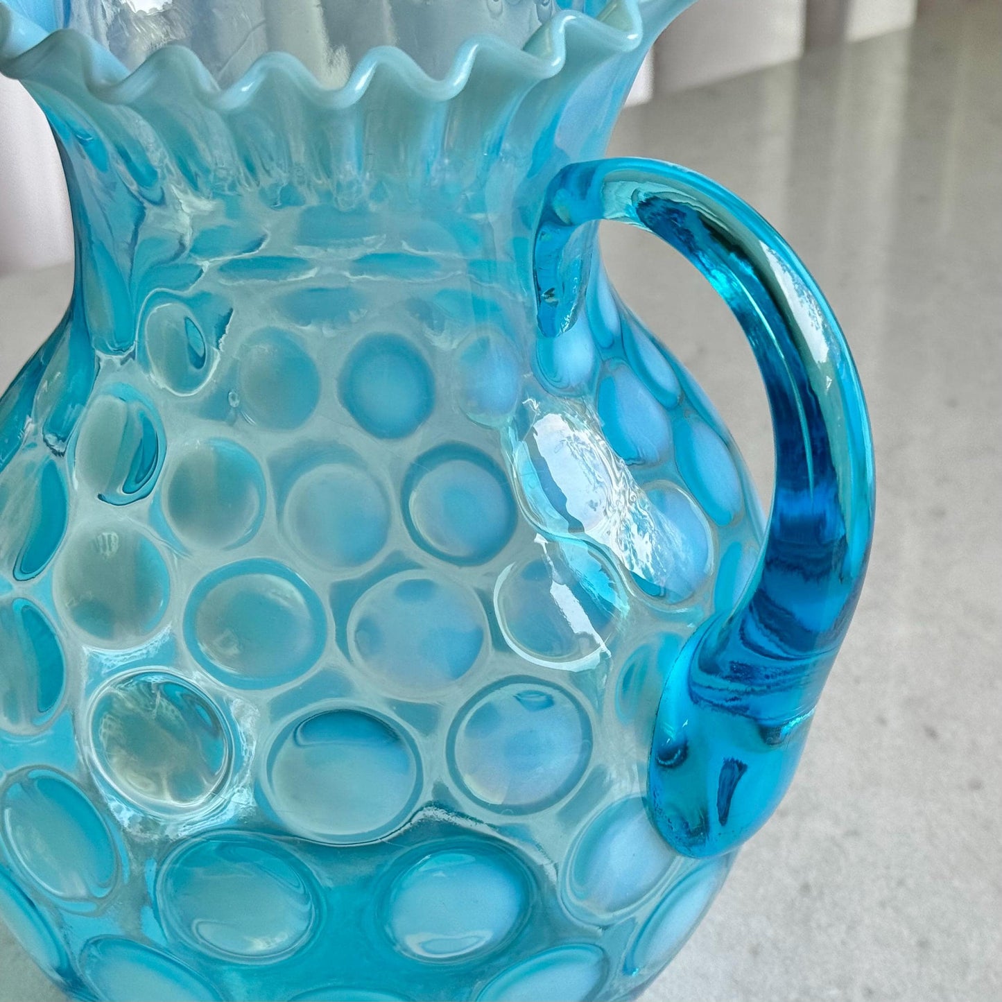 Vintage Fenton Blue Opalescent Large 9-3/4 Inch Coin Dot Pitcher