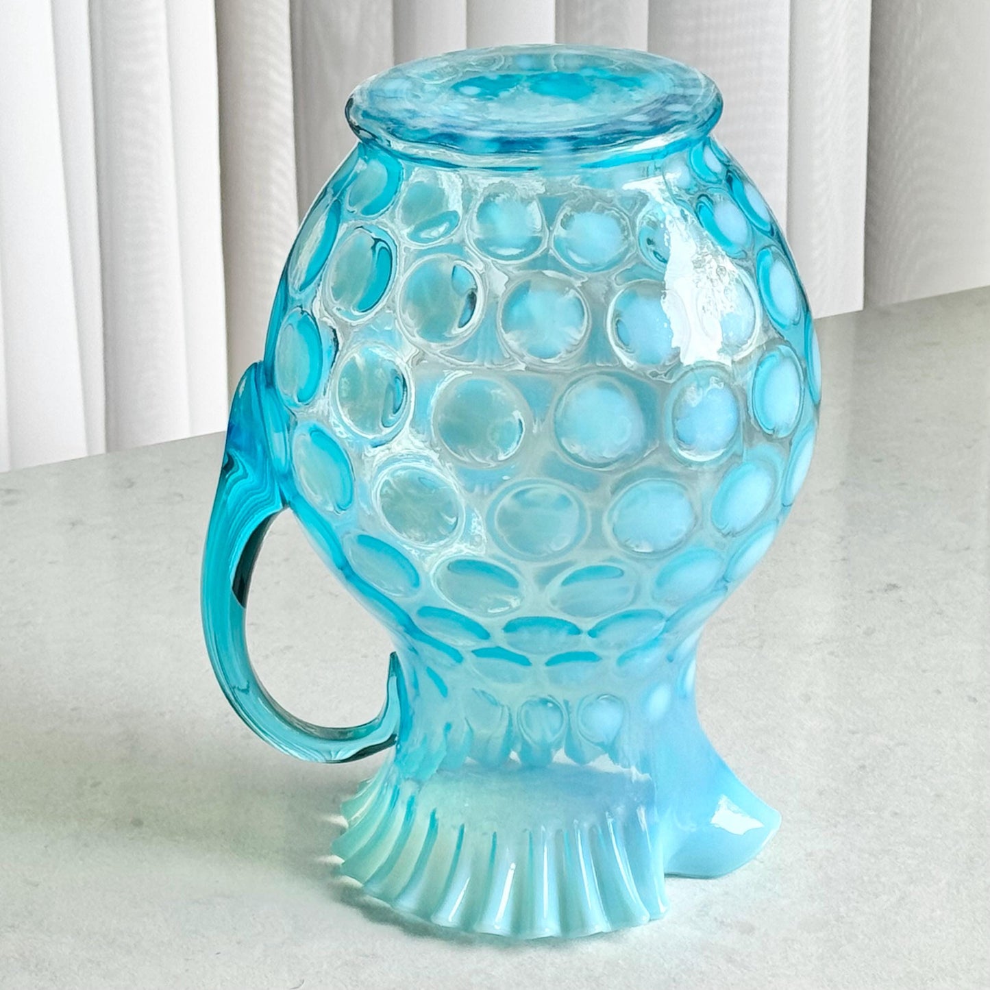 Vintage Fenton Blue Opalescent Large 9-3/4 Inch Coin Dot Pitcher