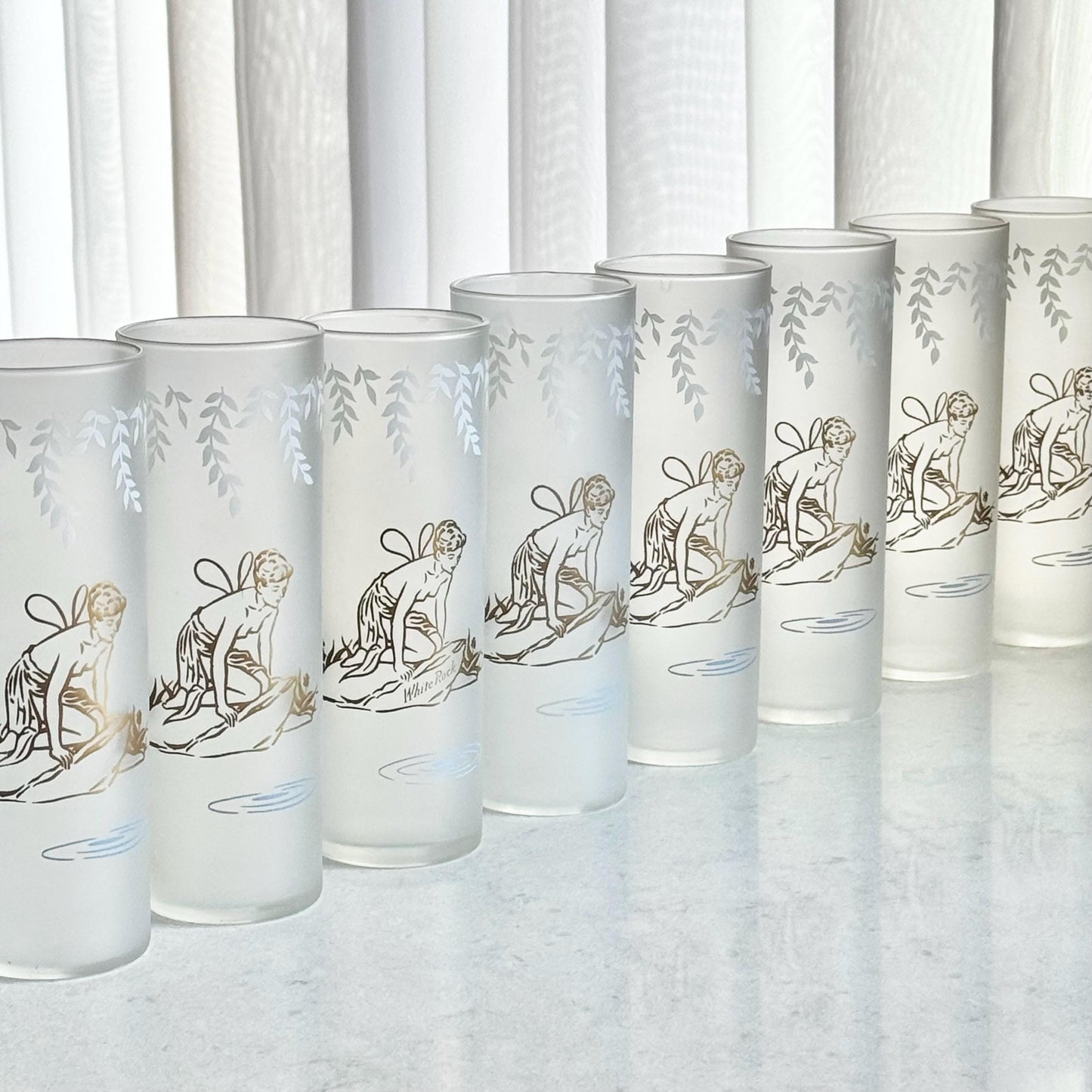 Vintage Libbey Gold Fairy Nymph Frosted Cooler Glasses - Set of 9