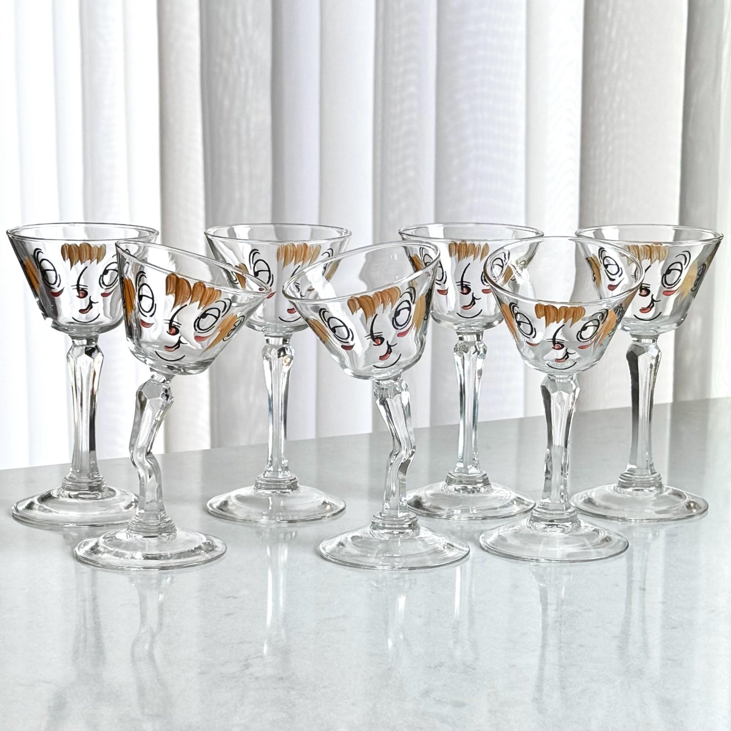 Vintage Gay Fad Studios Tipsy Beau Brummel Martini Cocktail Glasses - Set of 7