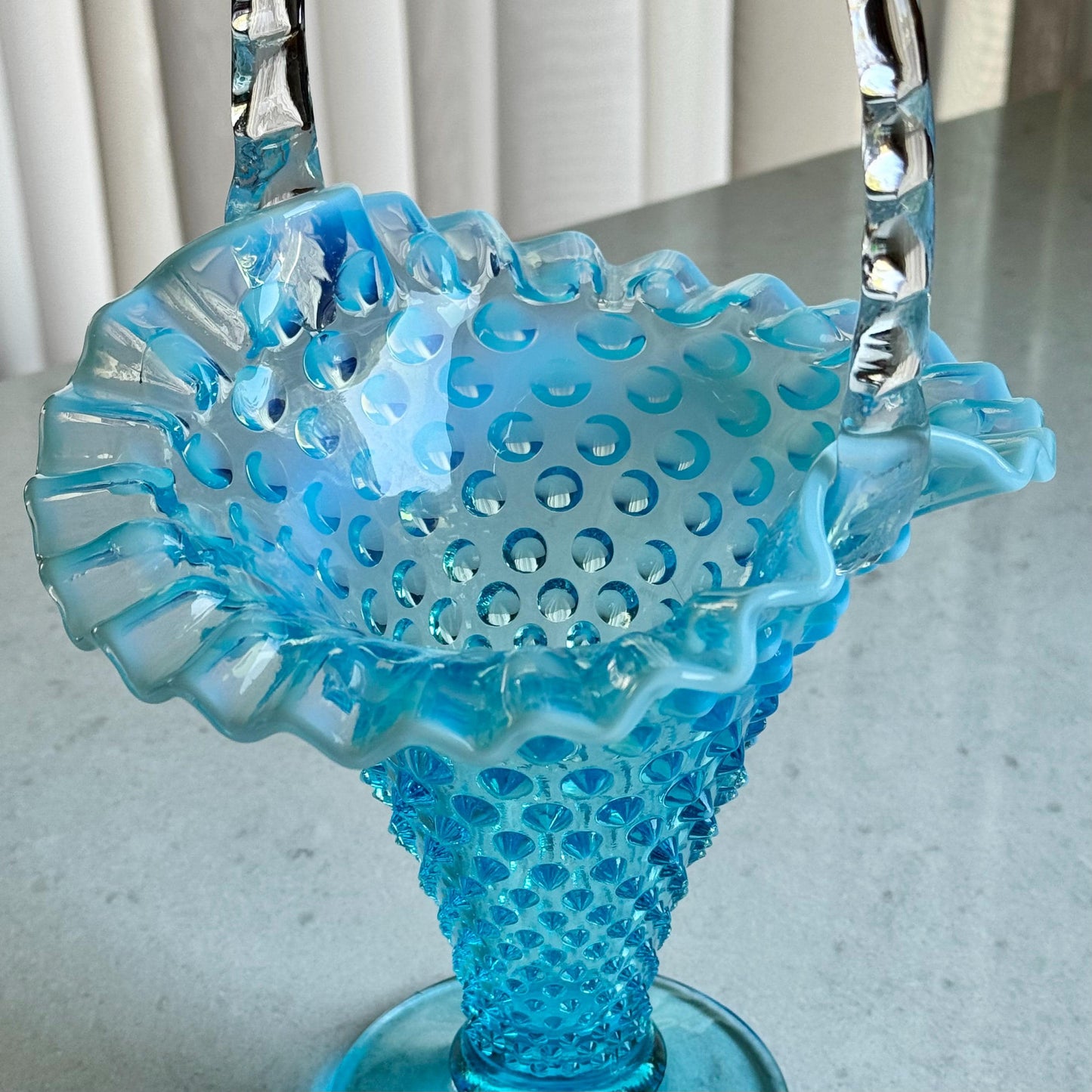 Vintage Fenton Blue Opalescent Large 12 Inch Basket (circa 1939 - 1955)