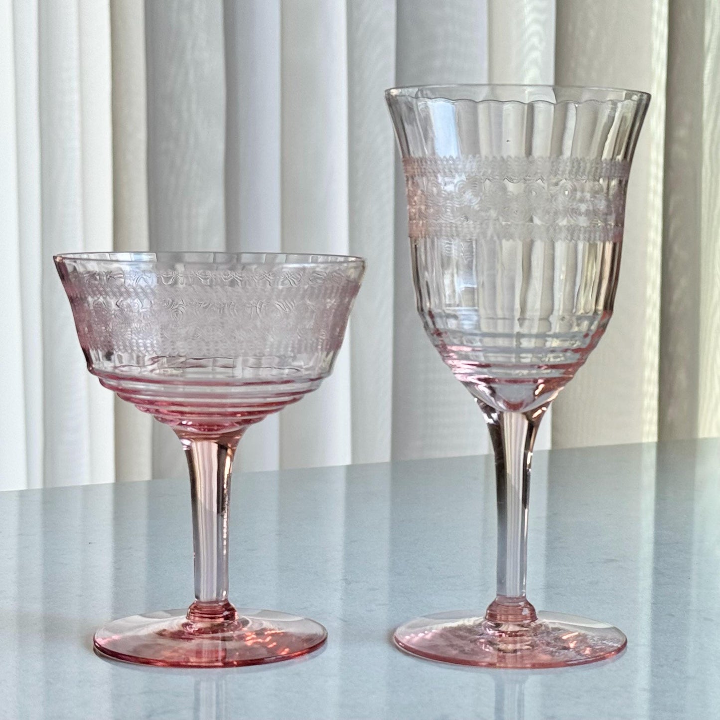 Vintage Pink Needle Etched Optic Panel Glasses - Set of 4