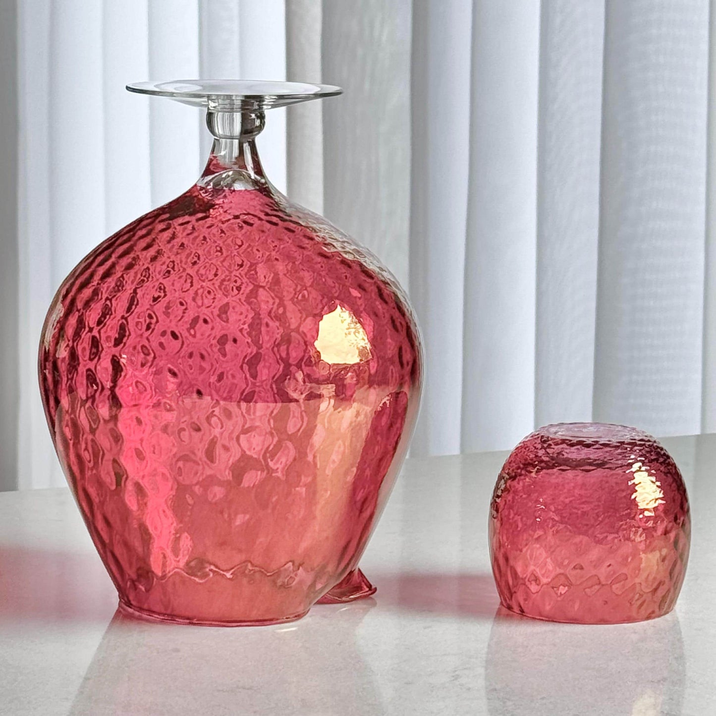 Vintage Cranberry Diamond Optic Carafe and 6 Glasses