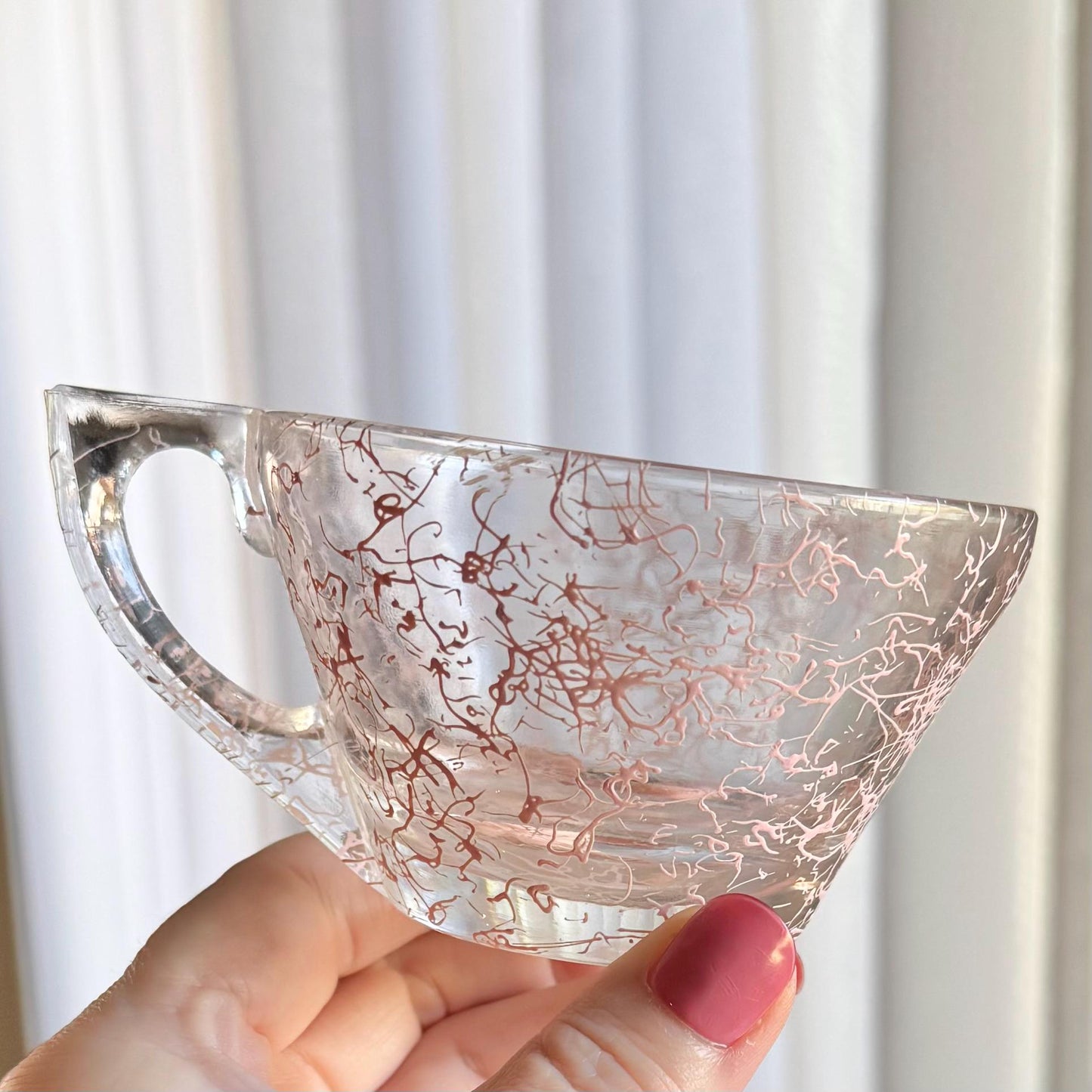 Vintage Hazel Atlas Vanity Pink Drizzle Snack Sets - Service for 4 (8 pieces total)