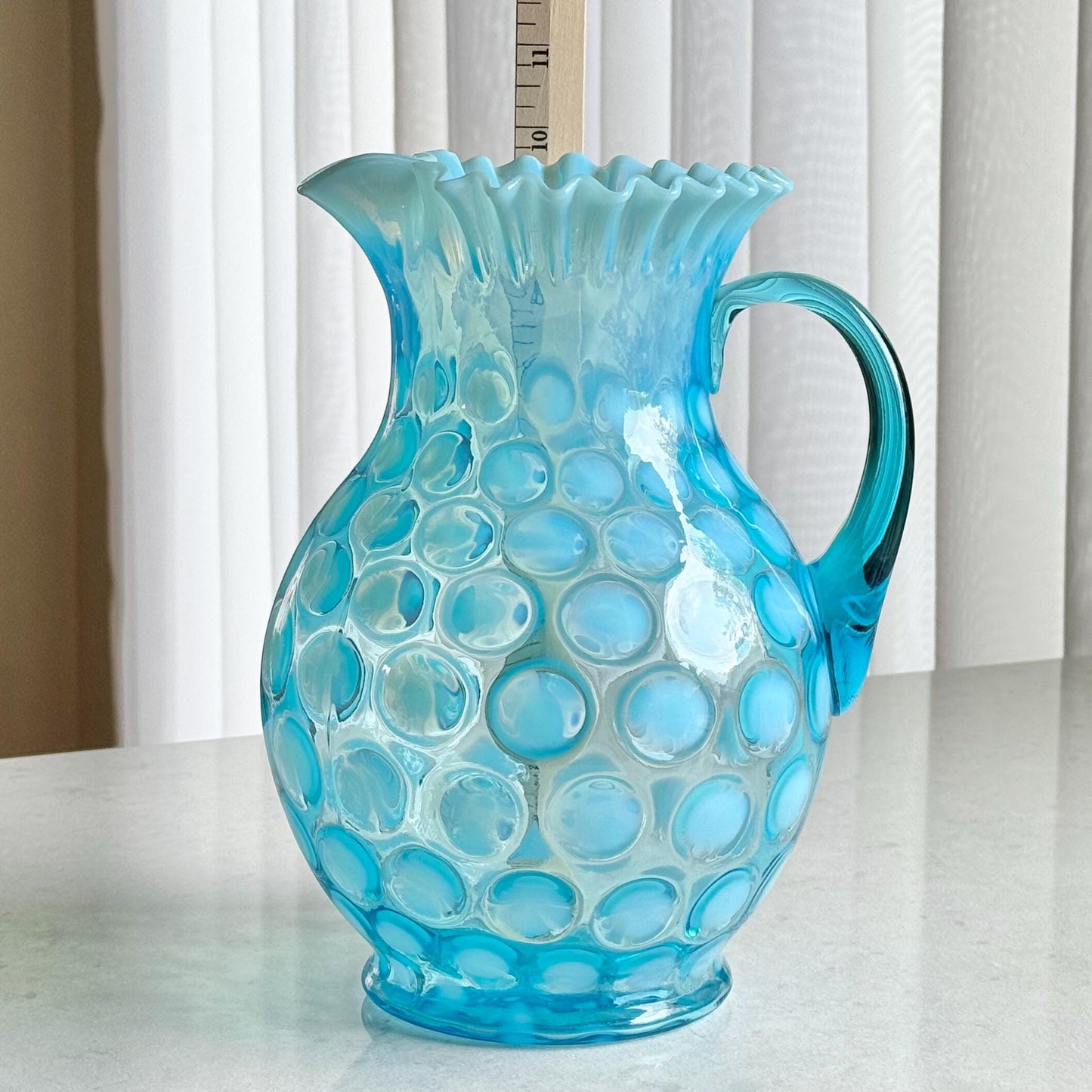 Vintage Fenton Blue Opalescent Large 9-3/4 Inch Coin Dot Pitcher