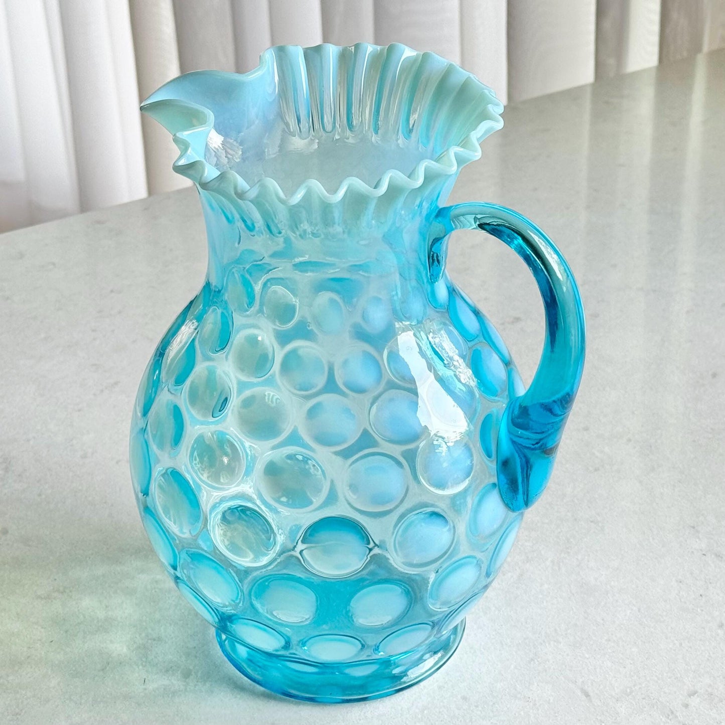 Vintage Fenton Blue Opalescent Large 9-3/4 Inch Coin Dot Pitcher