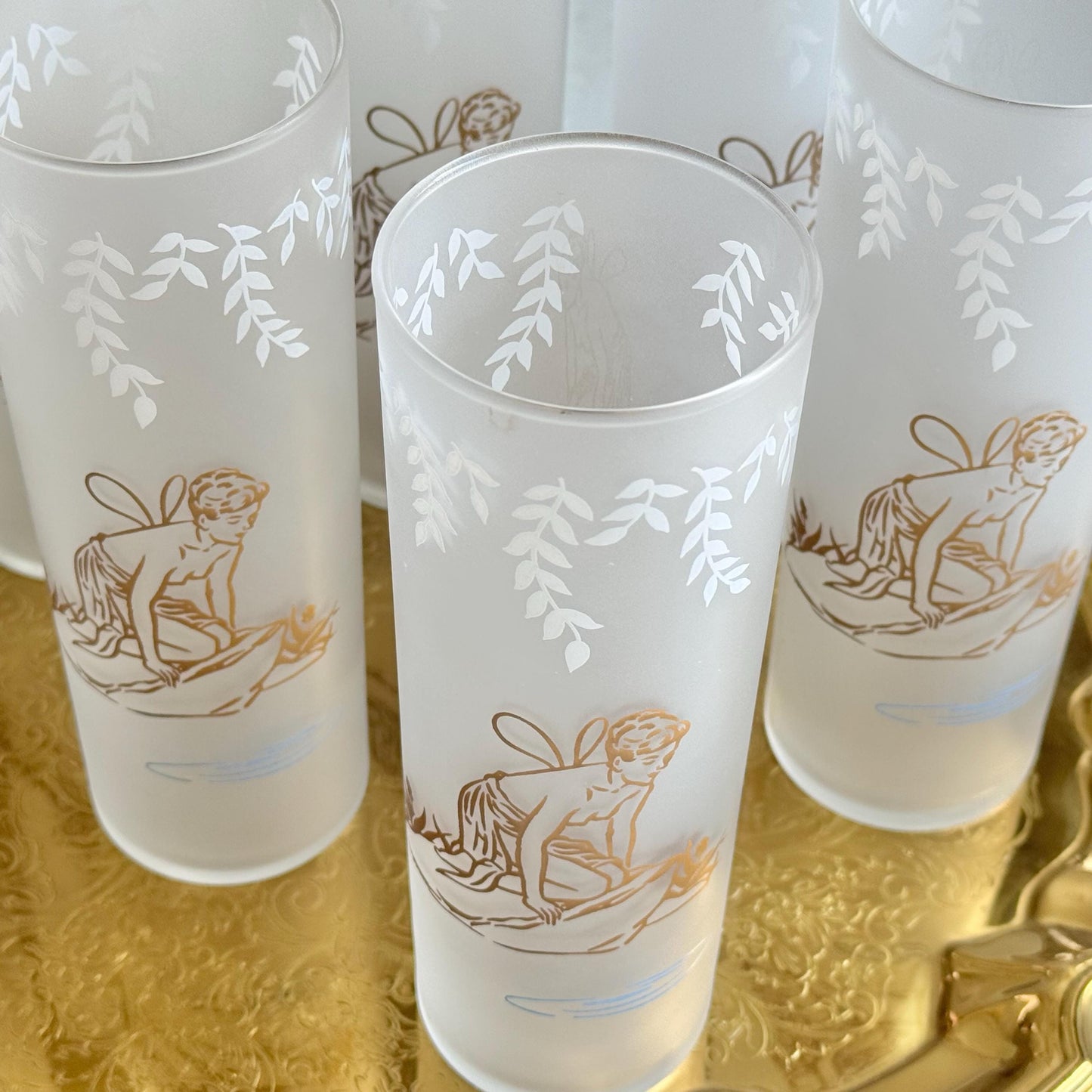 Vintage Libbey Gold Fairy Nymph Frosted Cooler Glasses - Set of 9