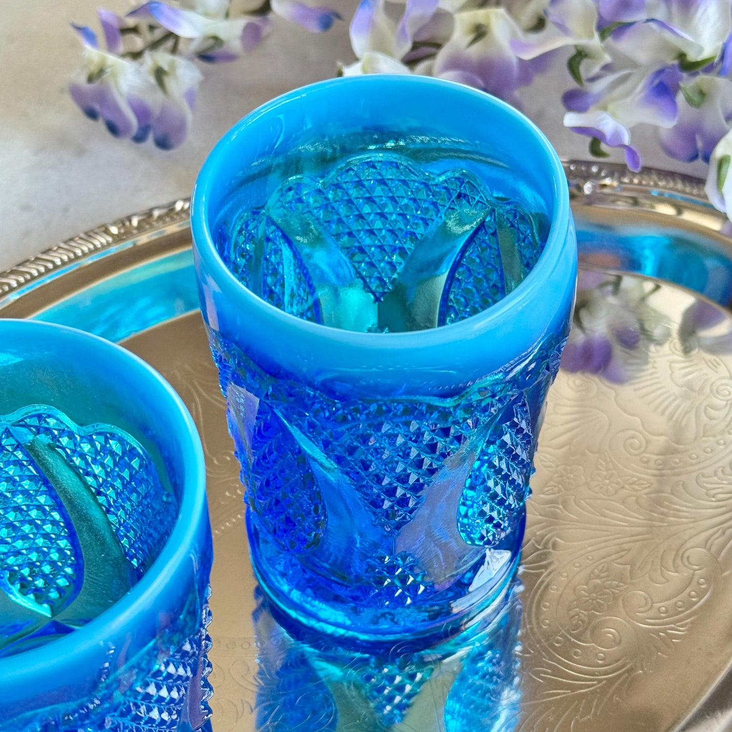 Vintage Westmoreland High Hob Blue Opalescent Tumblers - Set of 2 Glasses