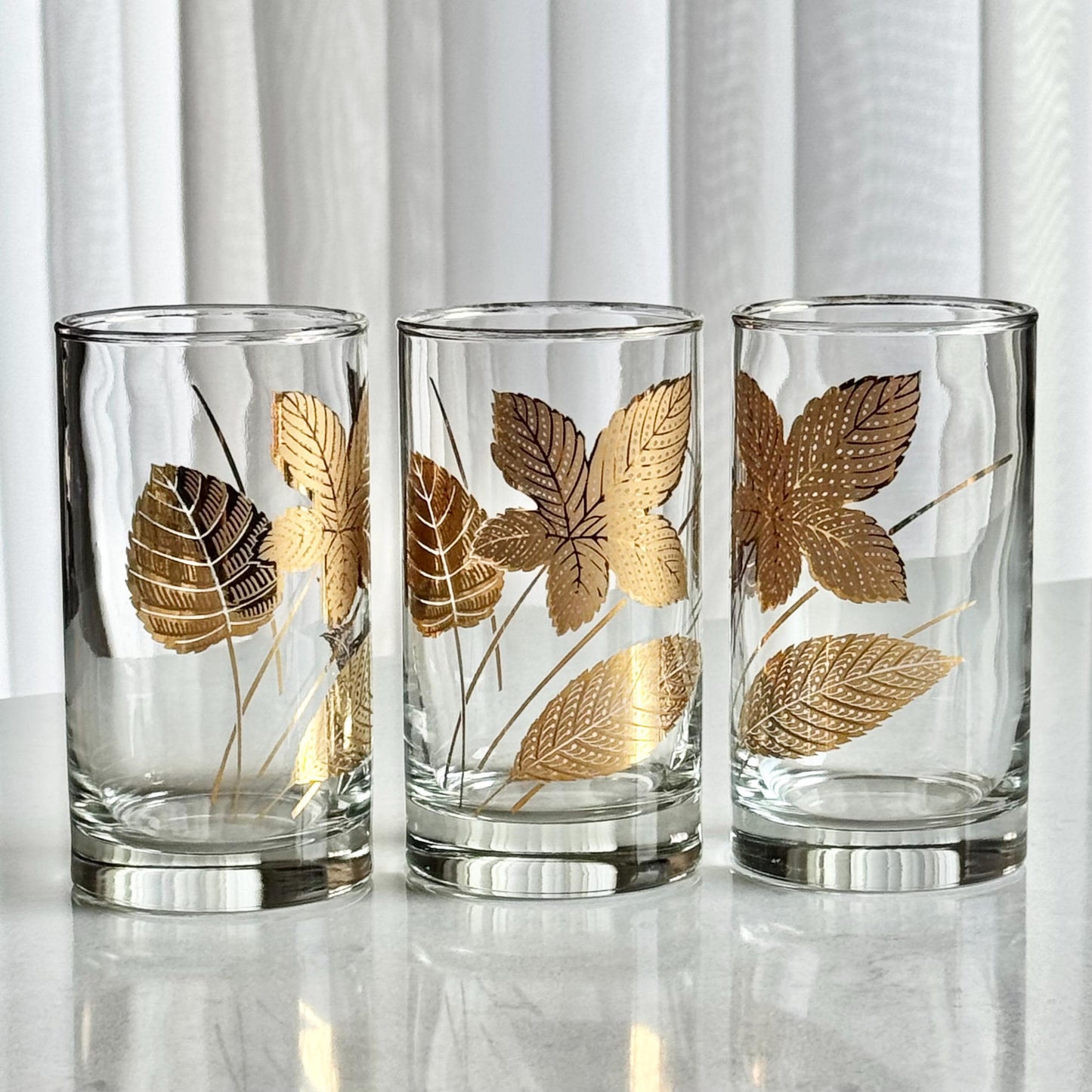 Vintage Libbey Gold Leaves Glasses -  Set of 8 Highball Tumblers