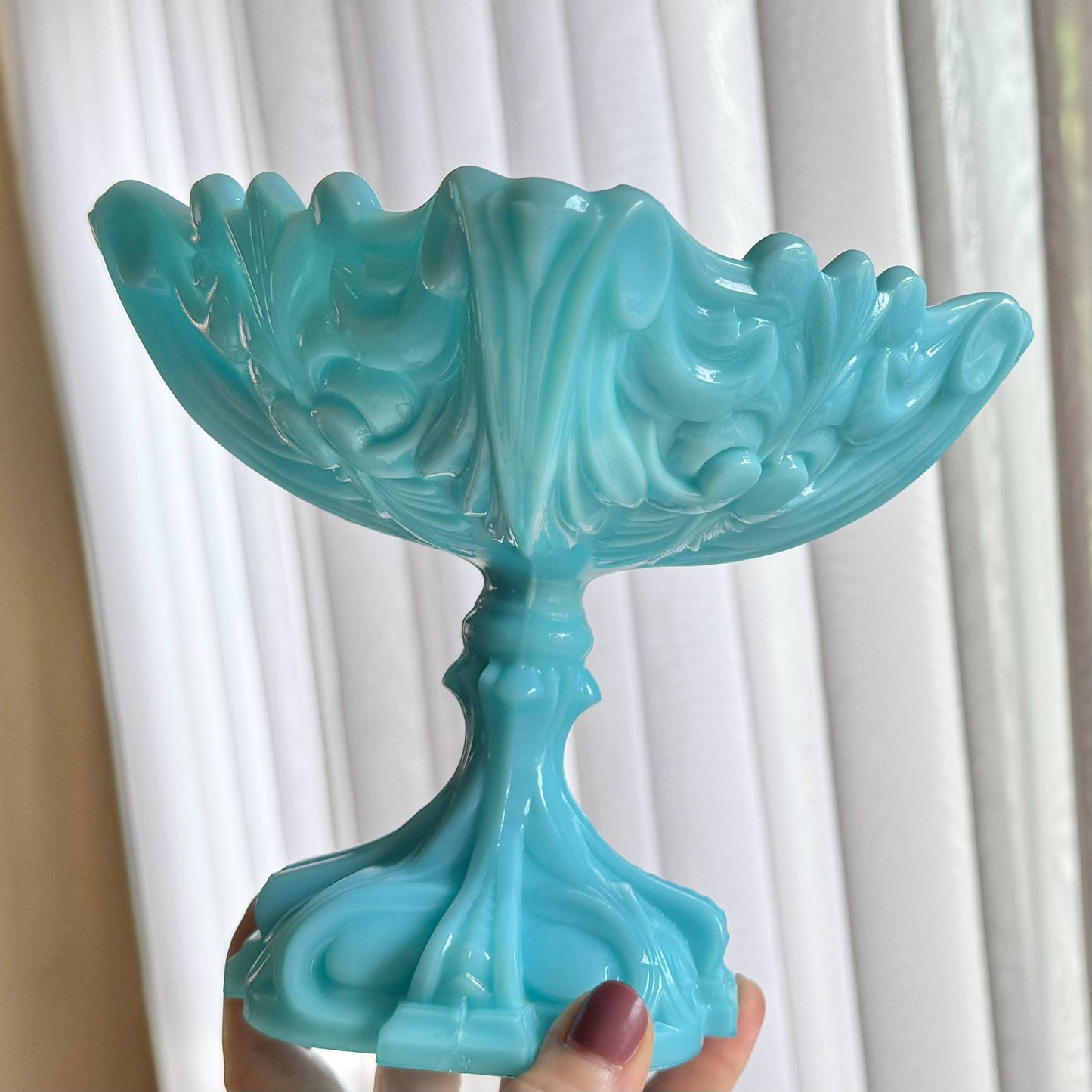 Vintage Portieux Vallerysthal Opaline Blue Pedestal Dish