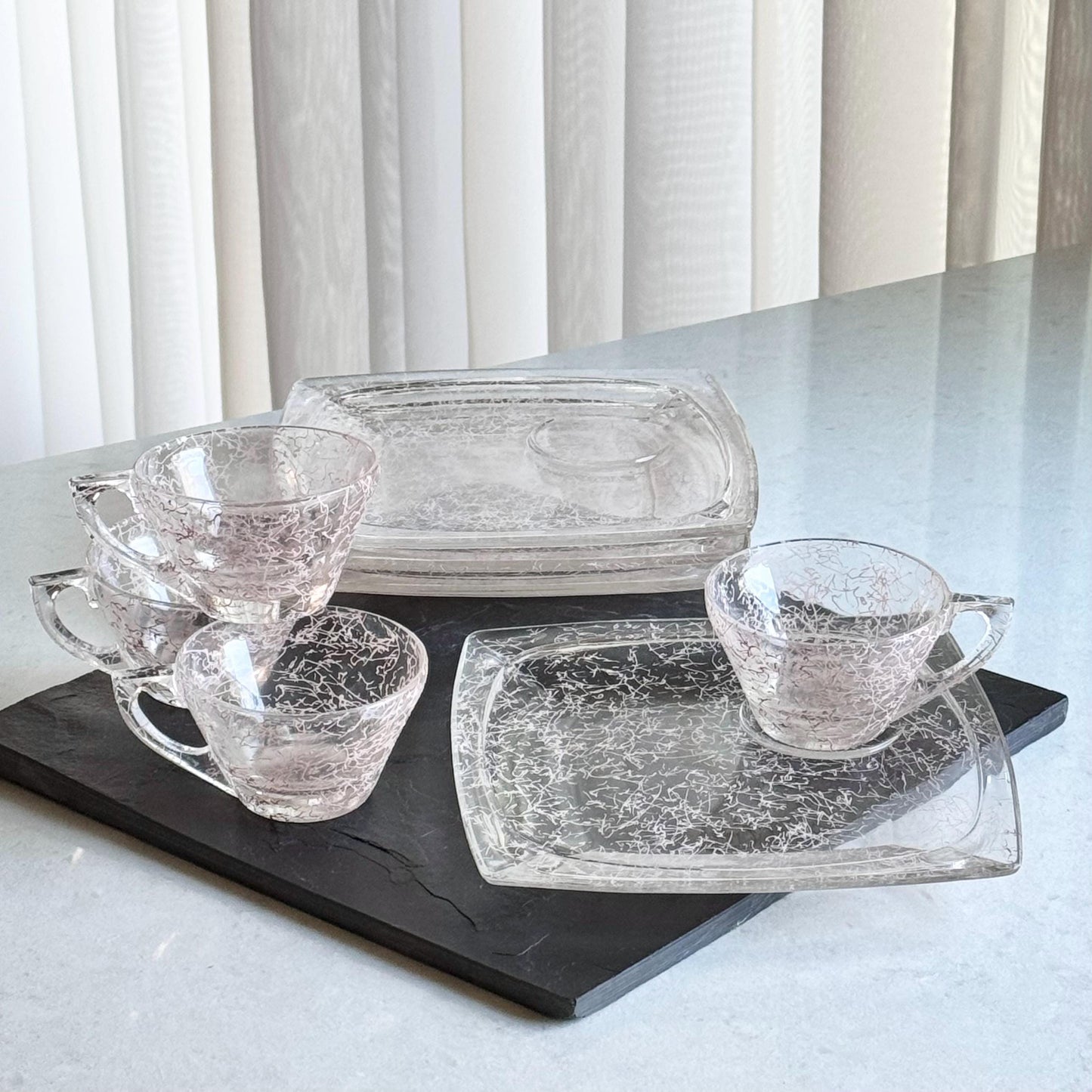 Vintage Hazel Atlas Vanity Pink Drizzle Snack Sets - Service for 4 (8 pieces total)