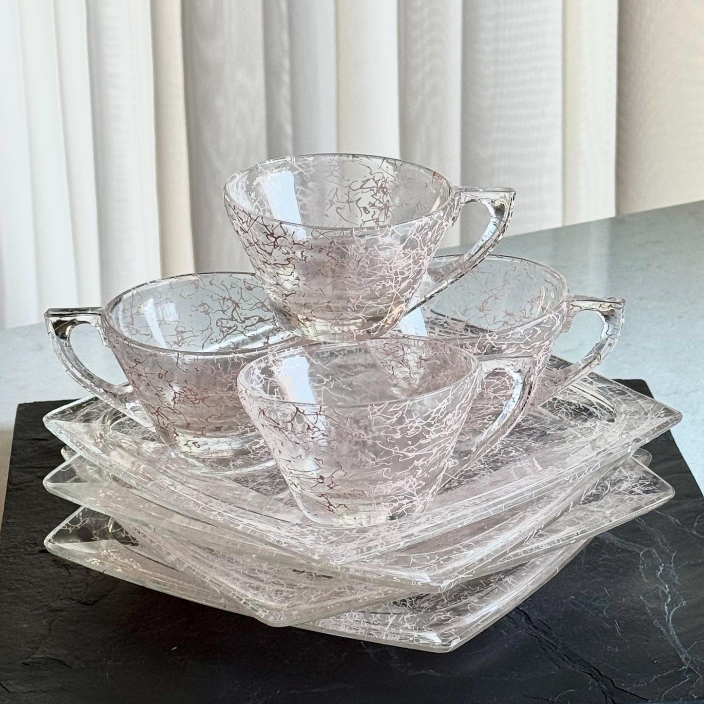 Vintage Hazel Atlas Vanity Pink Drizzle Snack Sets - Service for 4 (8 pieces total)