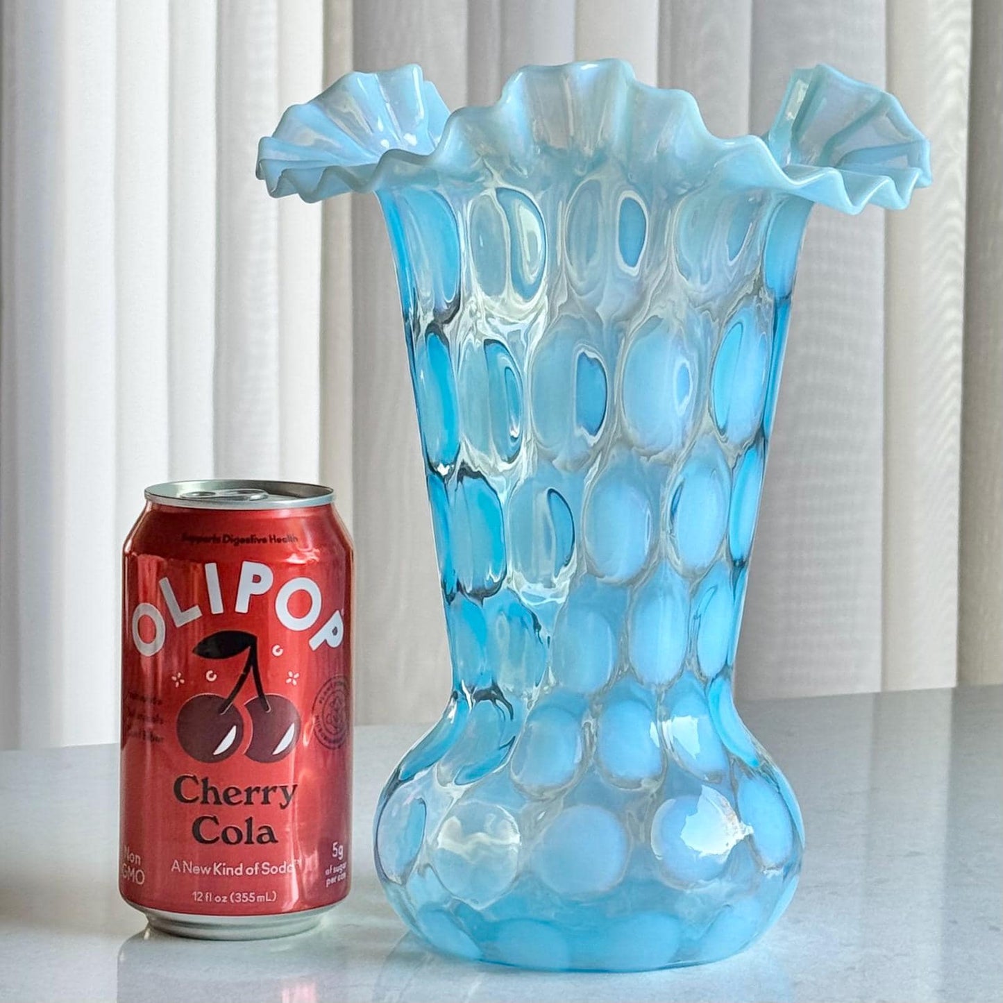 Vintage Fenton Blue Opalescent Large Dot Optic Vase