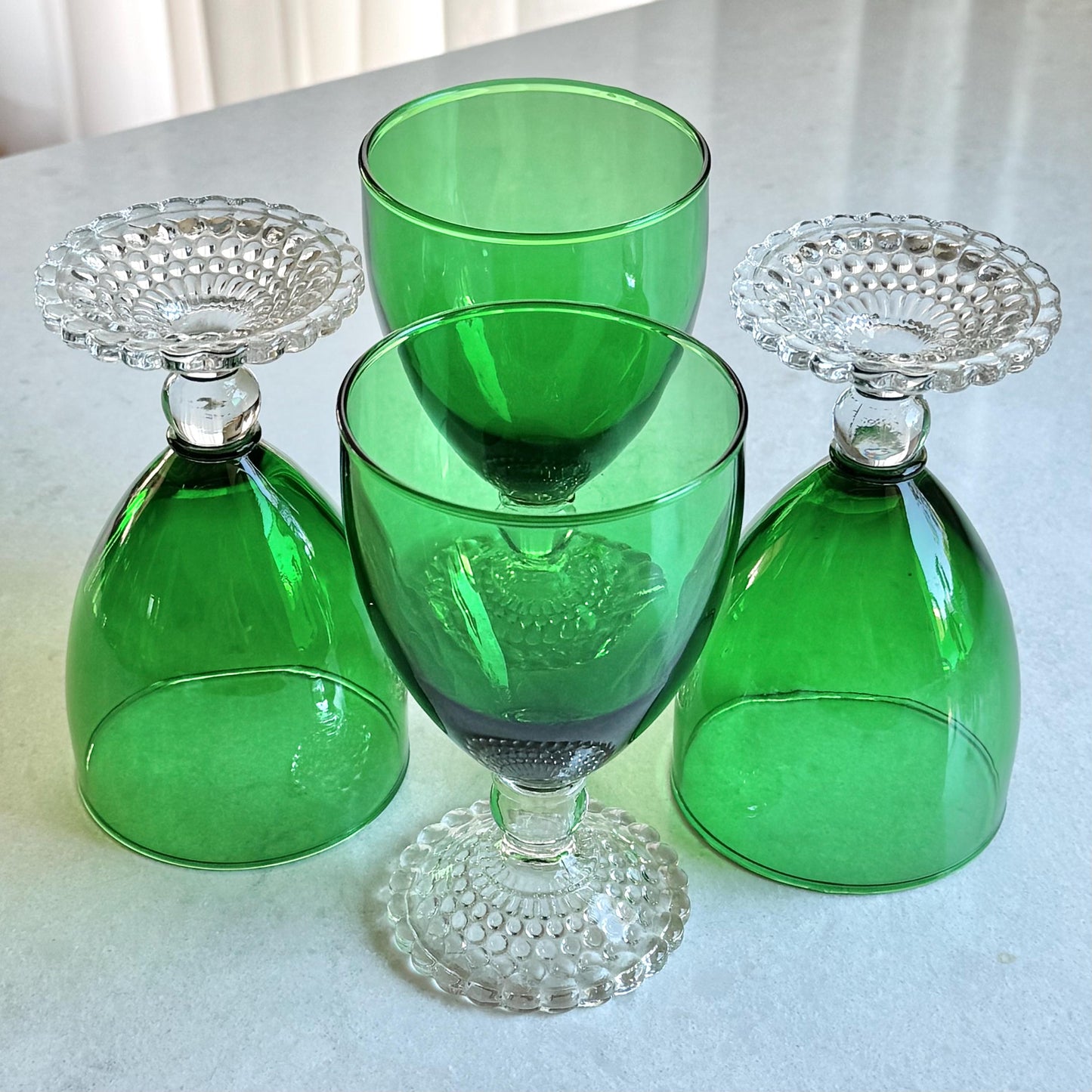 Vintage Anchor Hocking Bubble Foot Green Glasses - Set of 4