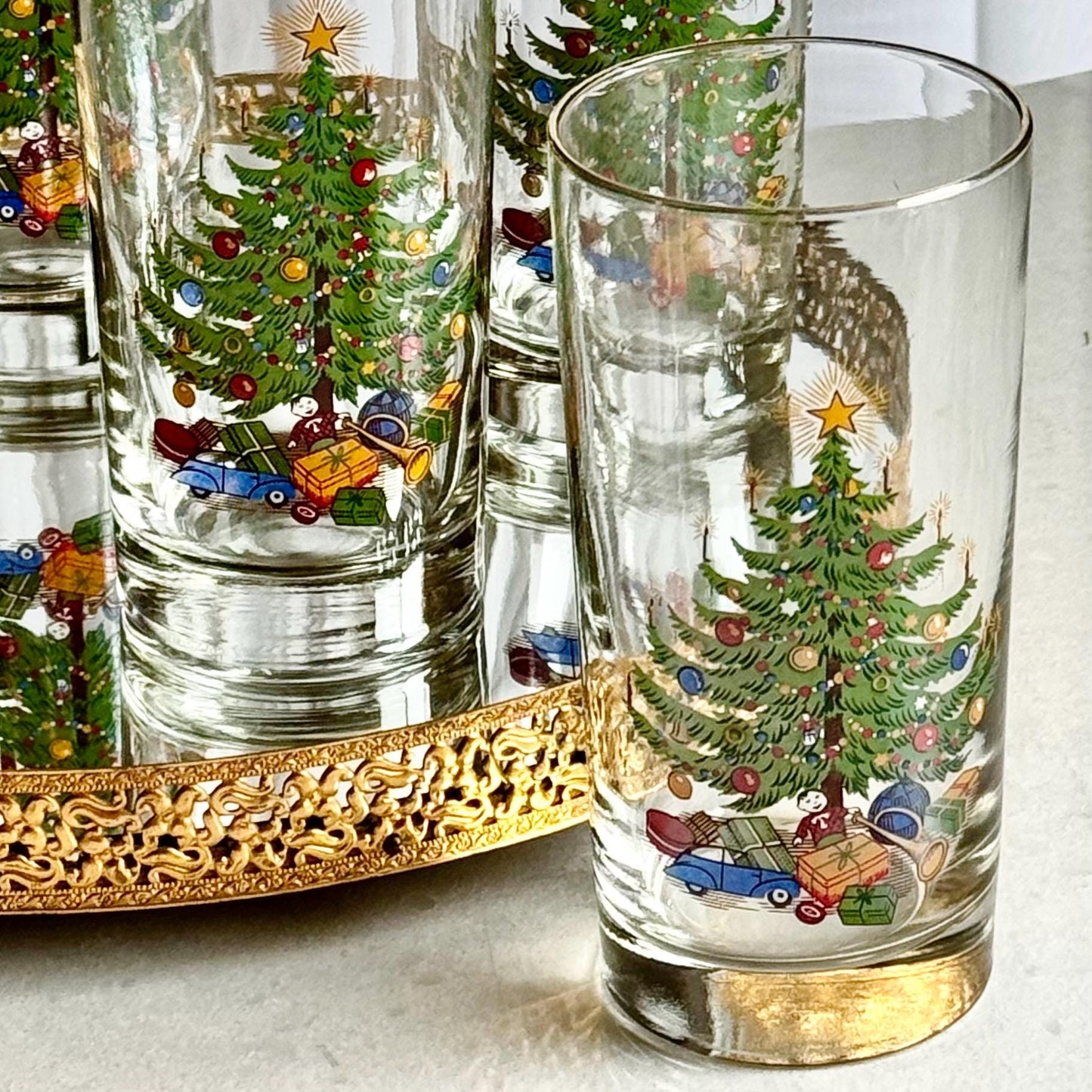 Vintage Christmas Moderne Old Fashioned Christmas Tree 12 Ounce Glasses - Set of 6 Tumblers