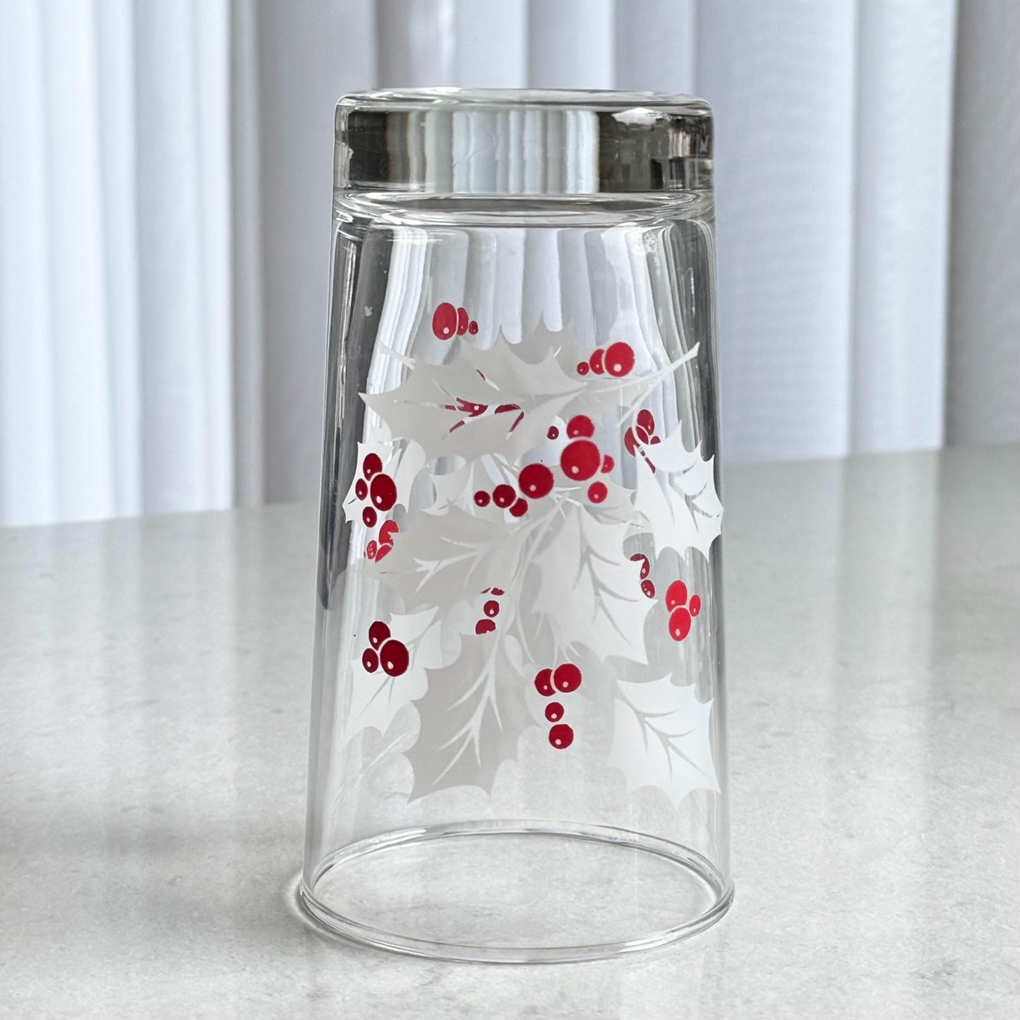 Vintage Indiana Glass White Holly and Berries 10 Ounce Glasses - Set of 9 Tumblers
