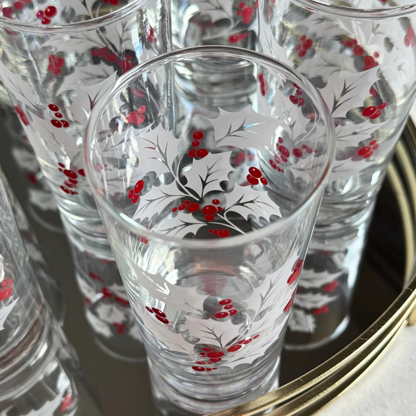 Vintage Indiana Glass White Holly and Berries 10 Ounce Glasses - Set of 9 Tumblers